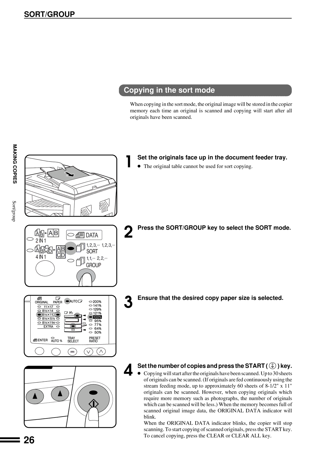 Sharp AL-1670 operation manual Sort/Group, Copying in the sort mode, Set the originals face up in the document feeder tray 