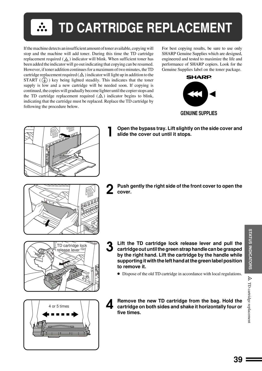 Sharp AL-1670 operation manual TD Cartridge Replacement, Genuine Supplies 