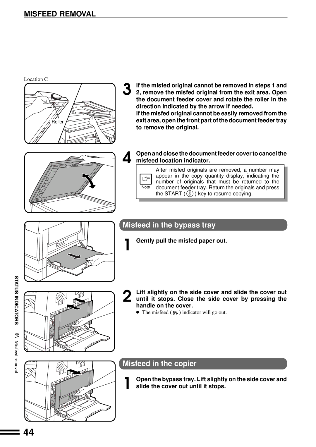 Sharp AL-1670 operation manual Misfeed Removal, Misfeed in the bypass tray, Misfeed in the copier 