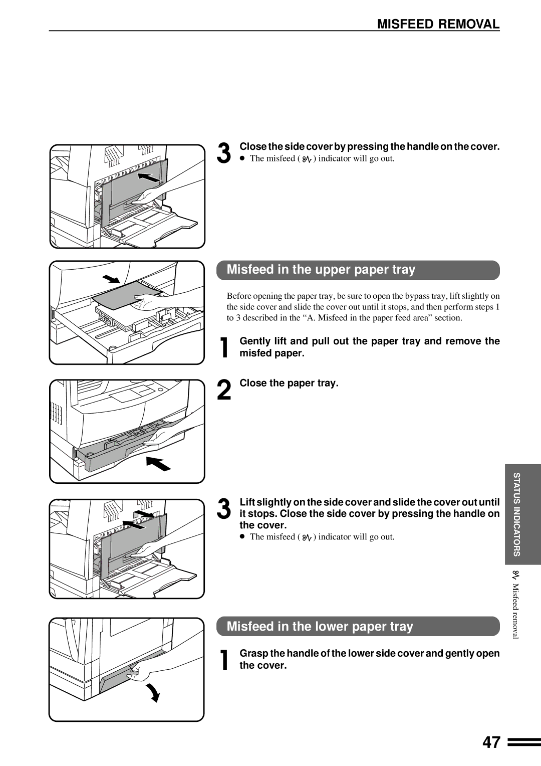 Sharp AL-1670 operation manual Misfeed in the upper paper tray, Misfeed in the lower paper tray 