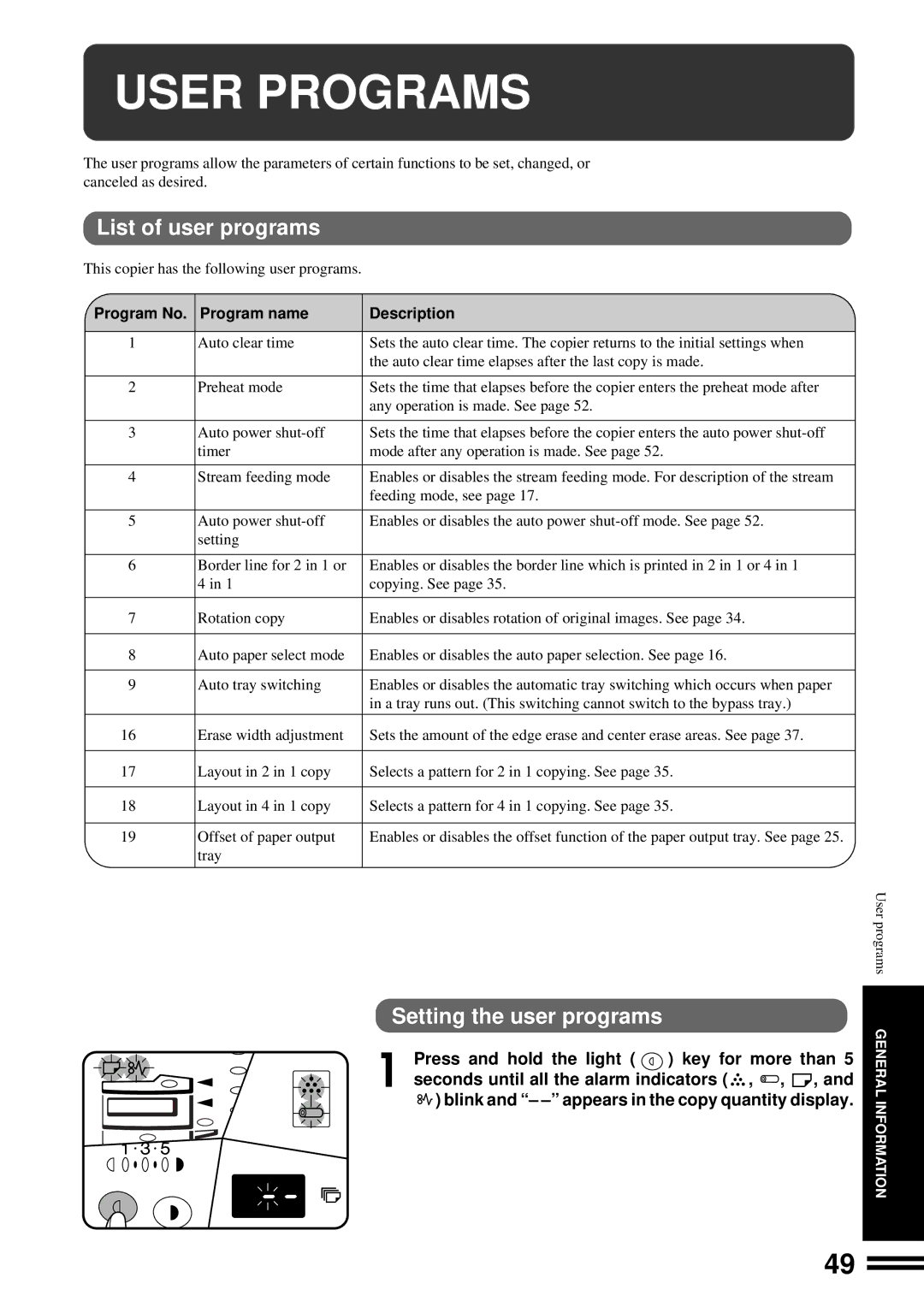 Sharp AL-1670 User Programs, List of user programs, Setting the user programs, Press and hold the light key for more than 