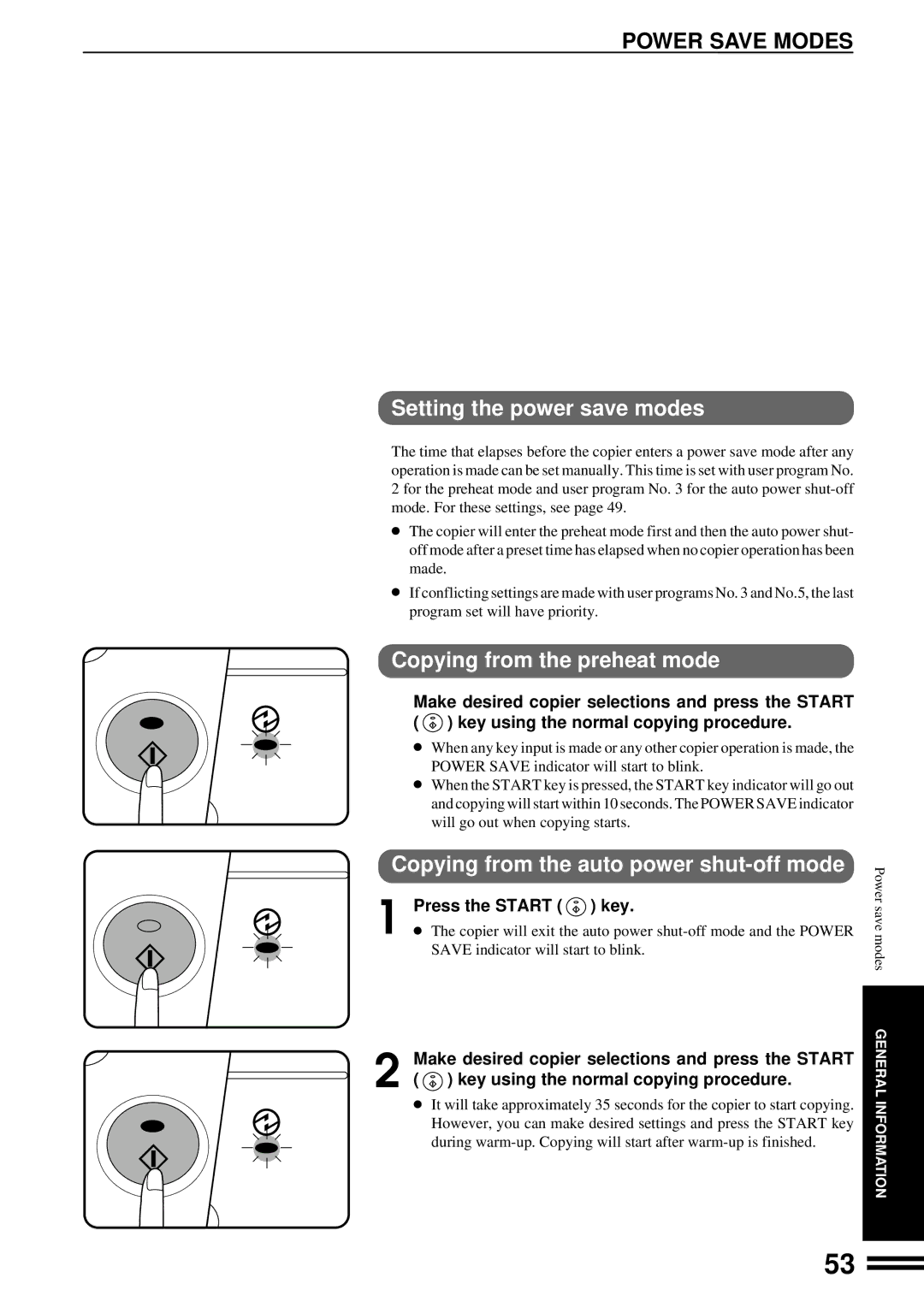 Sharp AL-1670 operation manual Power Save Modes, Setting the power save modes, Copying from the preheat mode 