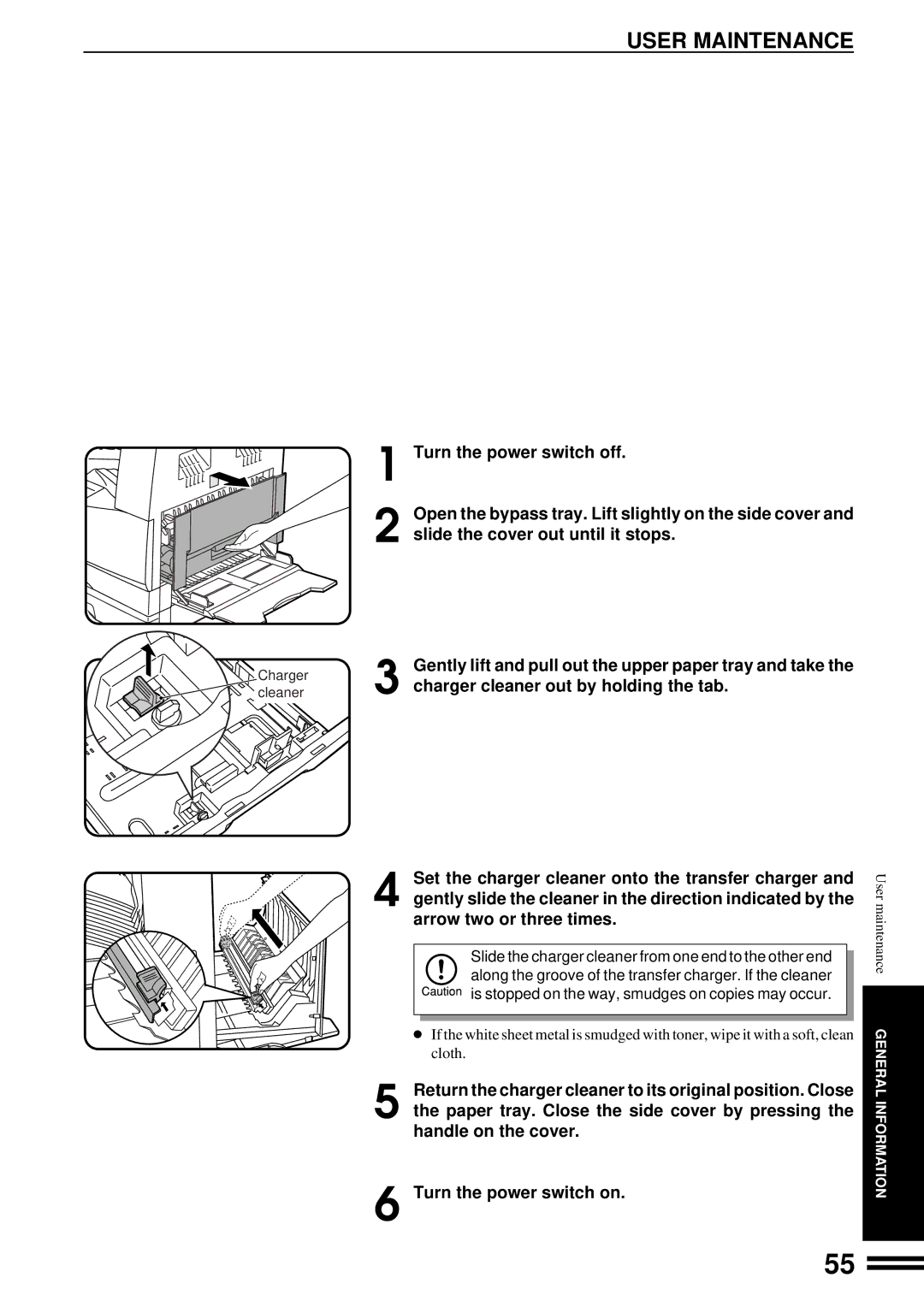 Sharp AL-1670 operation manual User Maintenance, Charger cleaner out by holding the tab 