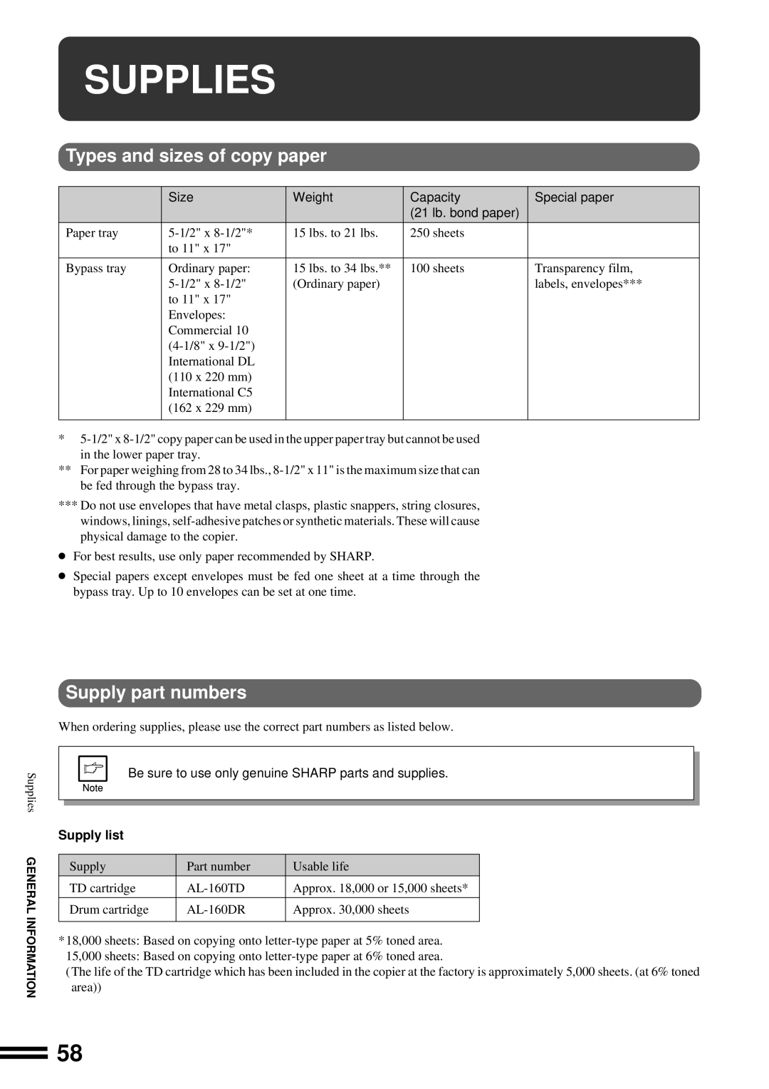 Sharp AL-1670 operation manual Supplies, Types and sizes of copy paper, Supply part numbers, Supply list 