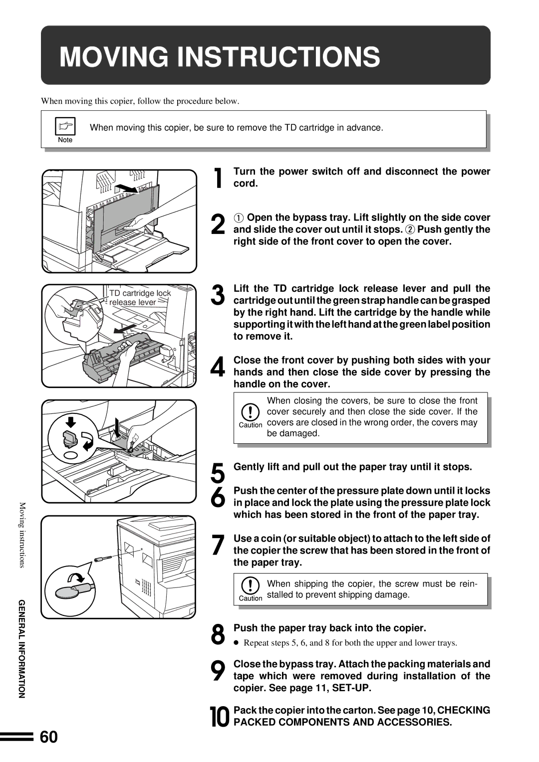 Sharp AL-1670 operation manual Moving Instructions, Turn the power switch off and disconnect the power Cord 