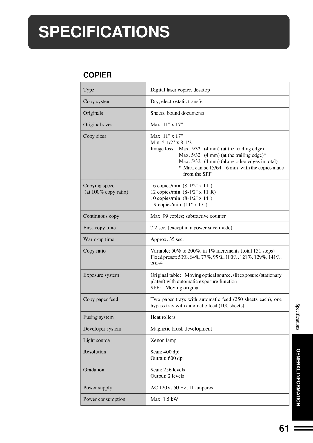 Sharp AL-1670 operation manual Specifications, Copier 