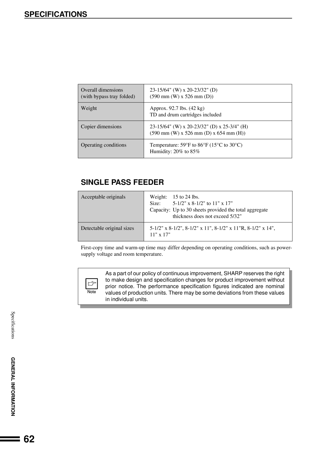 Sharp AL-1670 operation manual Specifications, Single Pass Feeder 