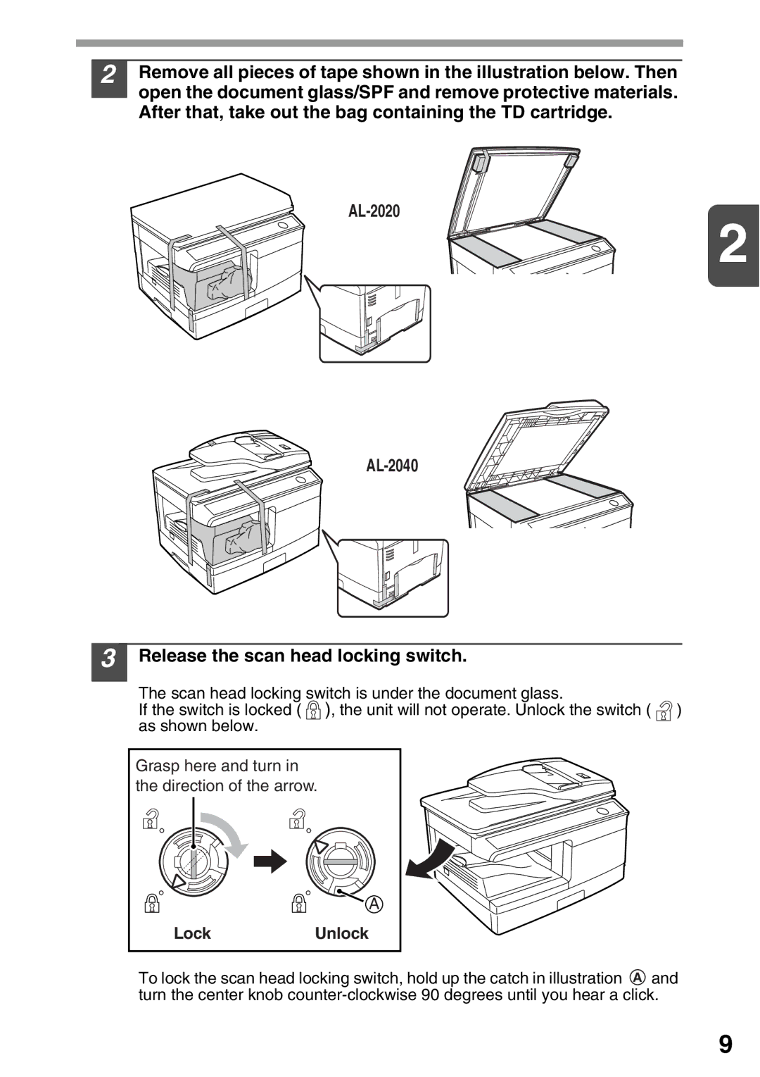 Sharp operation manual AL-2020 AL-2040 Release the scan head locking switch, LockUnlock 