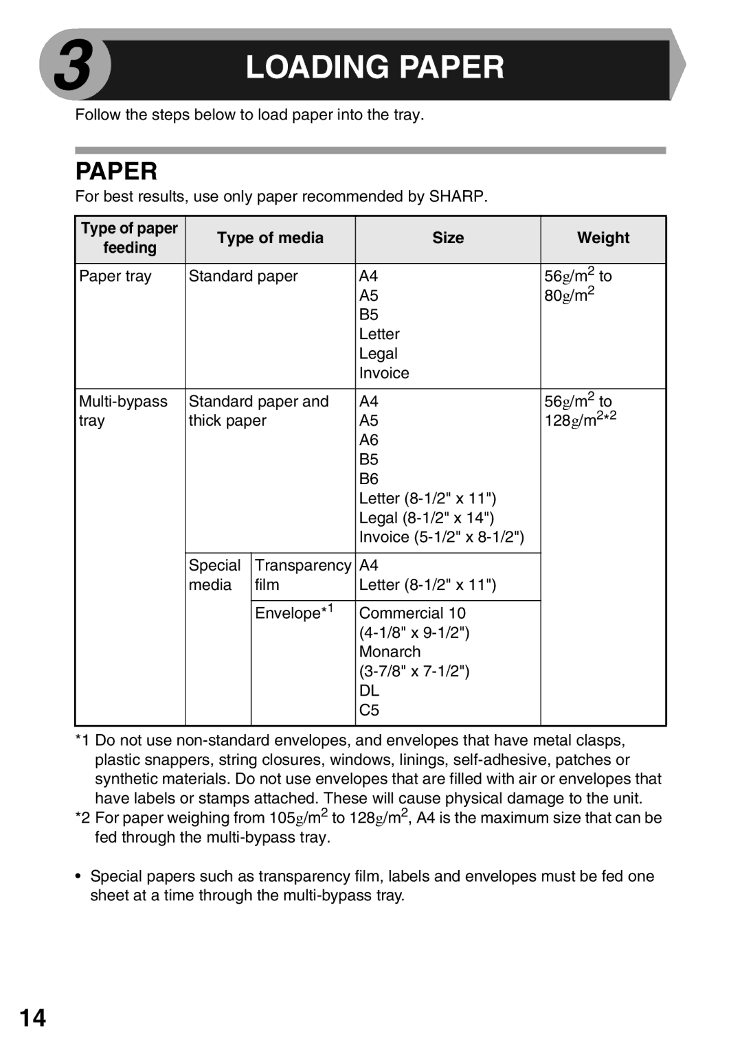 Sharp AL-2040, AL-2020 operation manual Paper, Type of paper Type of media Size Weight Feeding 