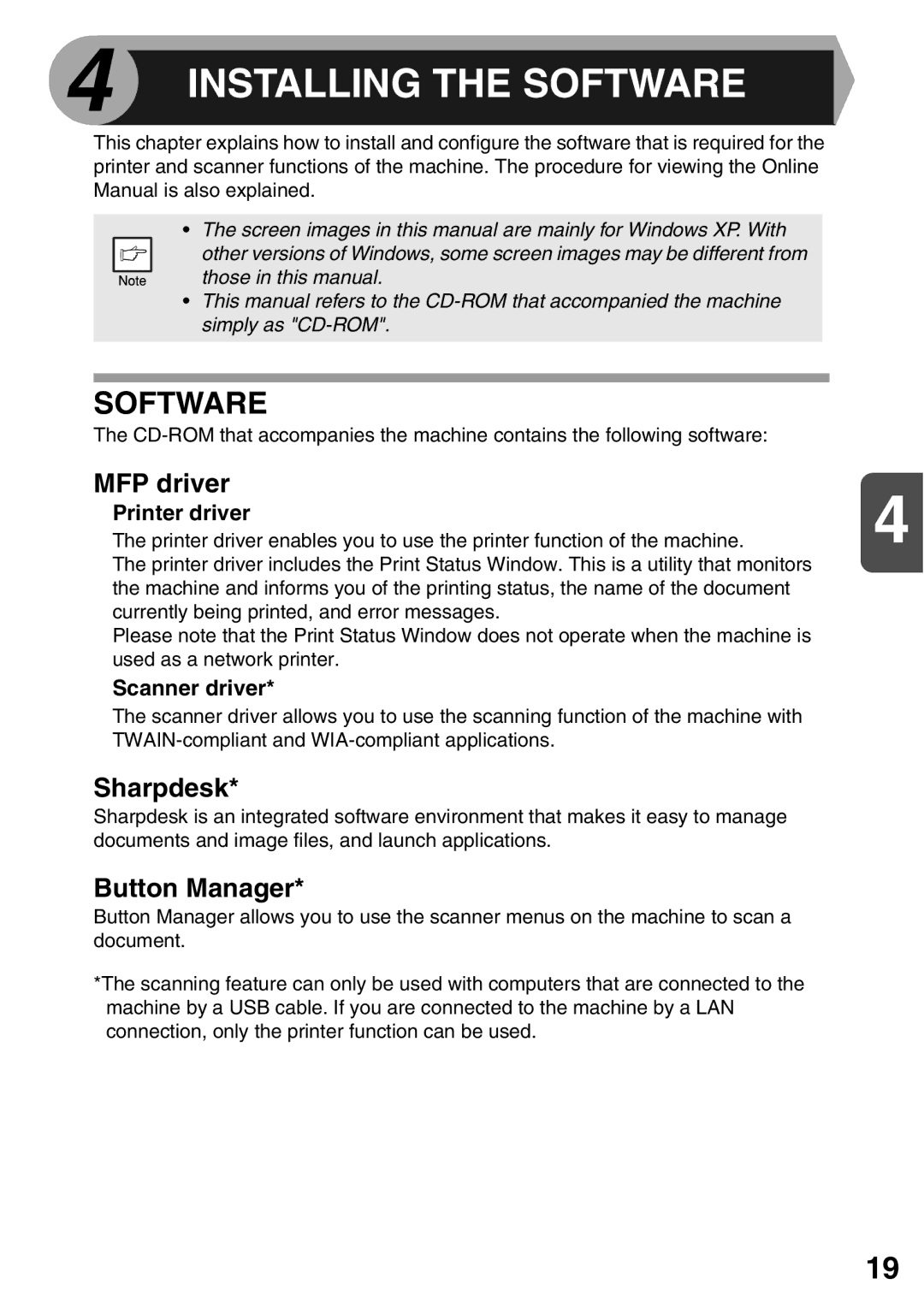 Sharp AL-2020, AL-2040 operation manual Software, MFP driver, Sharpdesk, Button Manager 