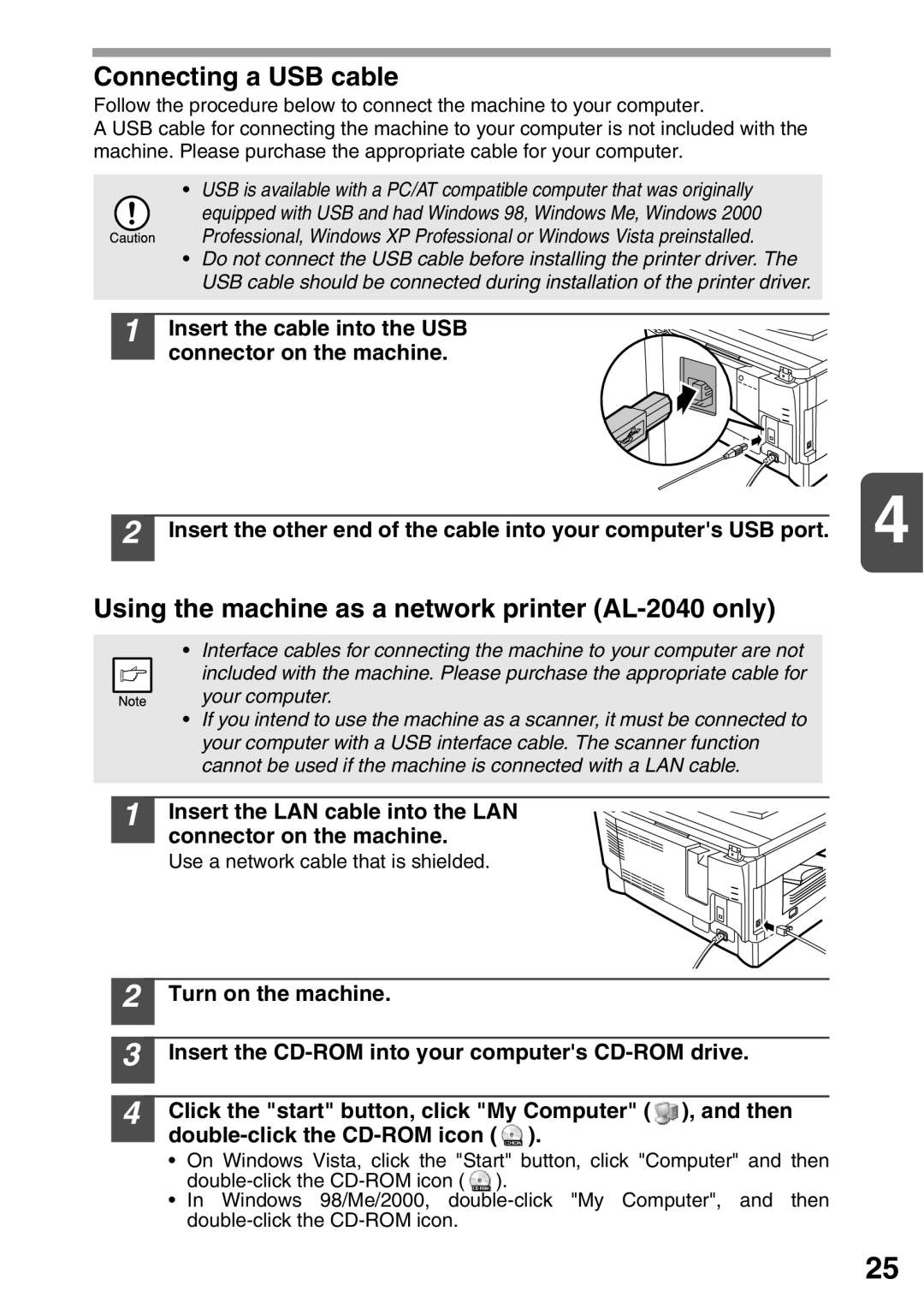 Sharp AL-2020 operation manual Connecting a USB cable, Using the machine as a network printer AL-2040 only 