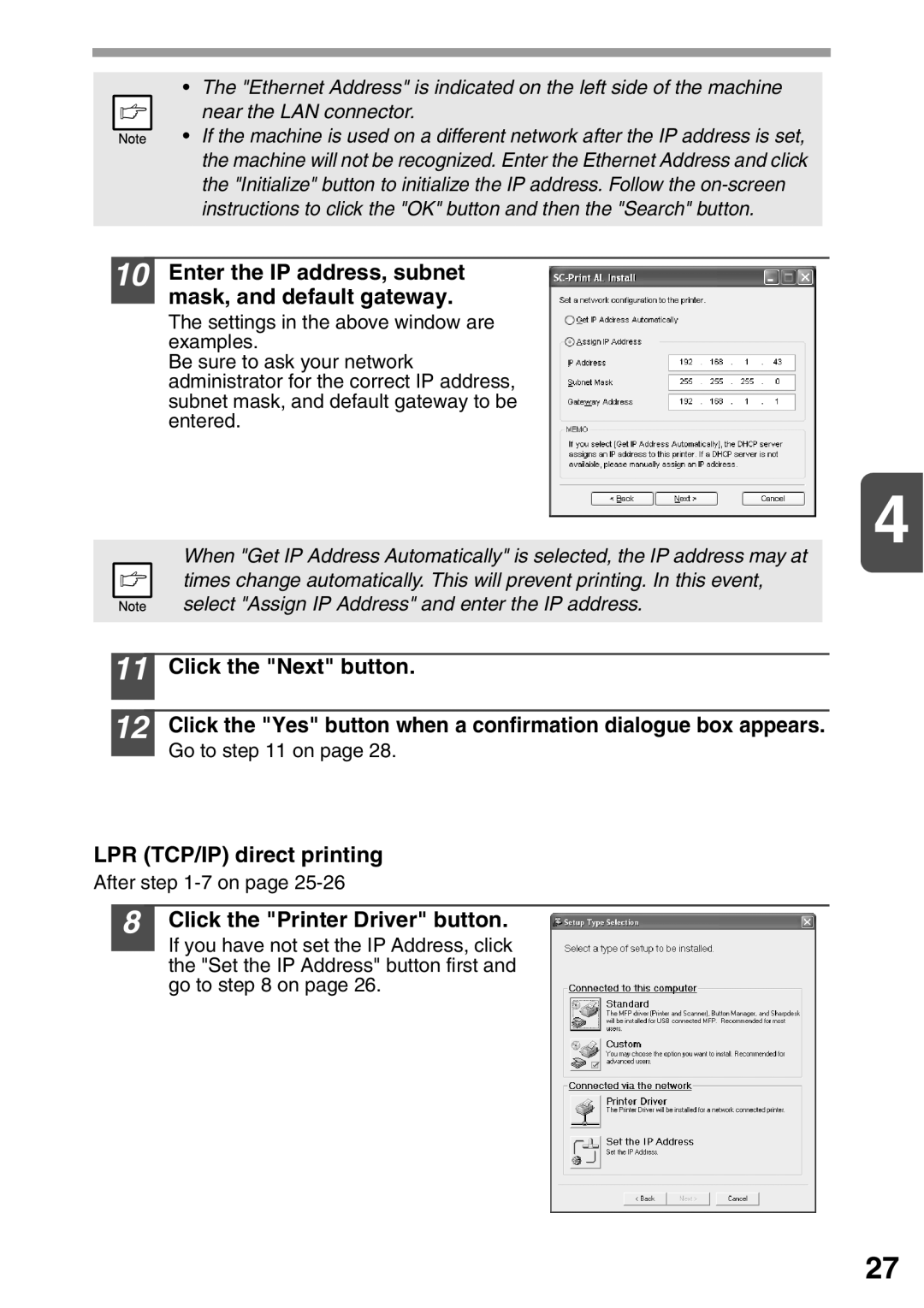 Sharp AL-2020, AL-2040 operation manual Enter the IP address, subnet mask, and default gateway, LPR TCP/IP direct printing 