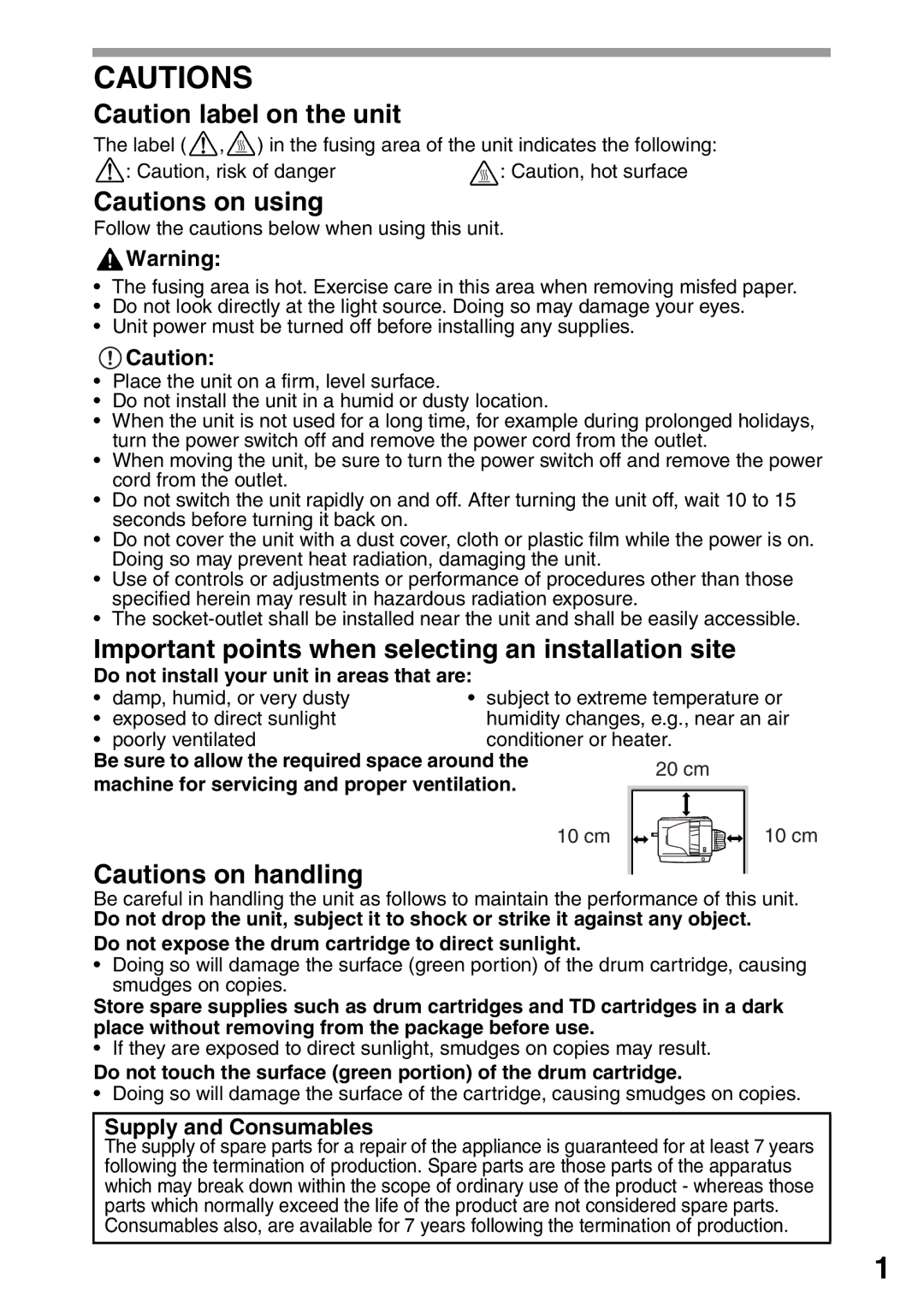 Sharp AL-2020, AL-2040 operation manual Important points when selecting an installation site, Supply and Consumables 