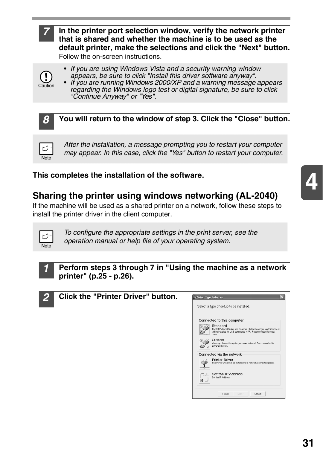 Sharp AL-2020 operation manual Sharing the printer using windows networking AL-2040 