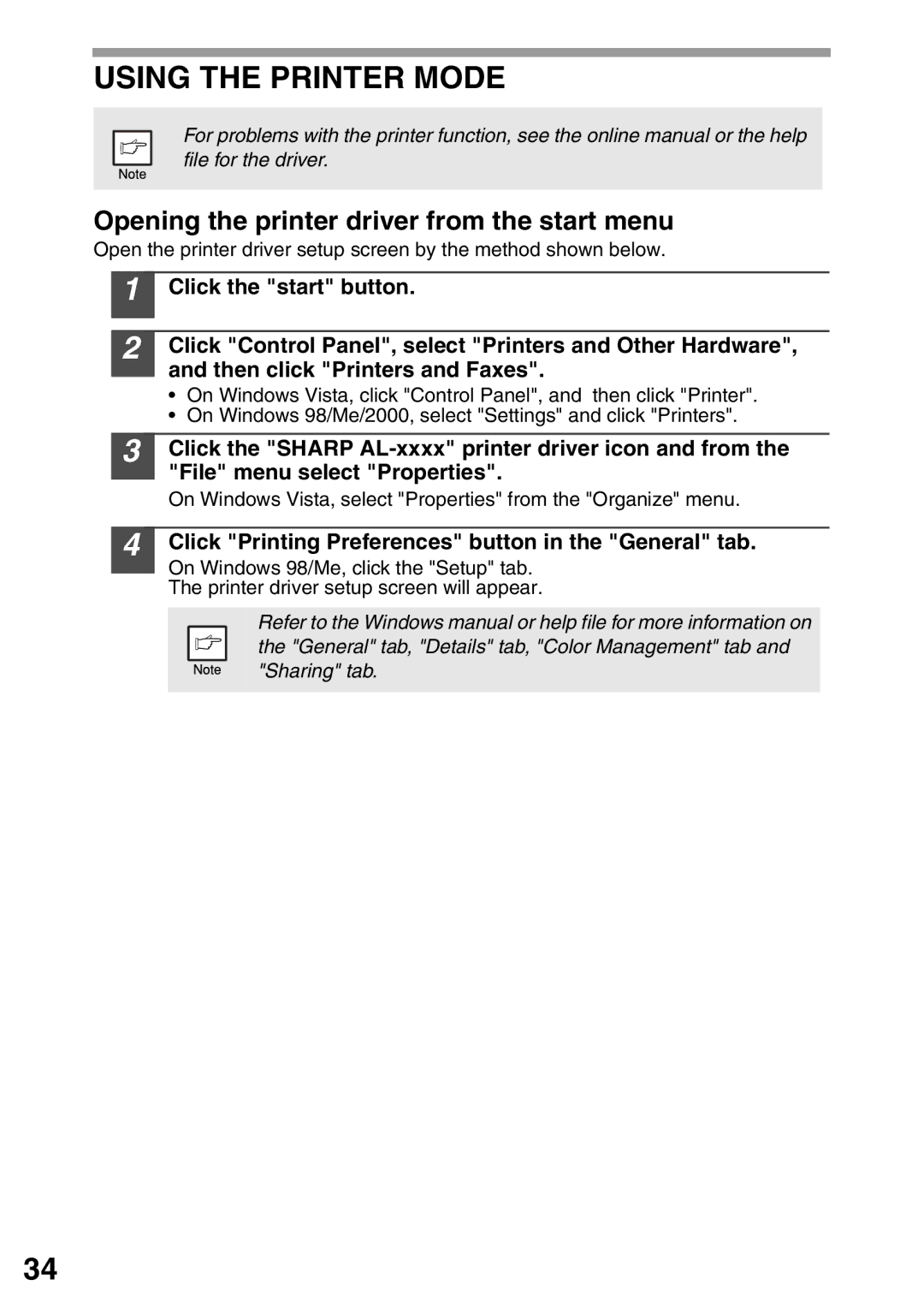 Sharp AL-2040, AL-2020 operation manual Using the Printer Mode, Opening the printer driver from the start menu 