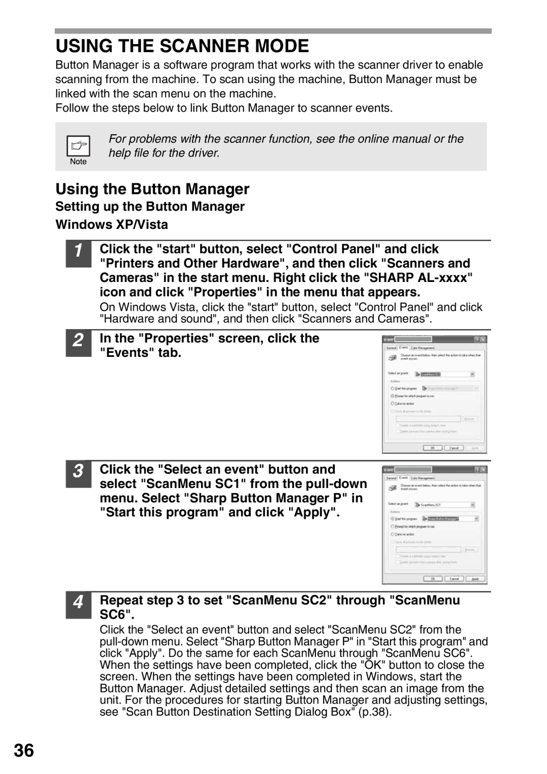 Sharp AL-2040, AL-2020 Using the Scanner Mode, Using the Button Manager, Setting up the Button Manager Windows XP/Vista 