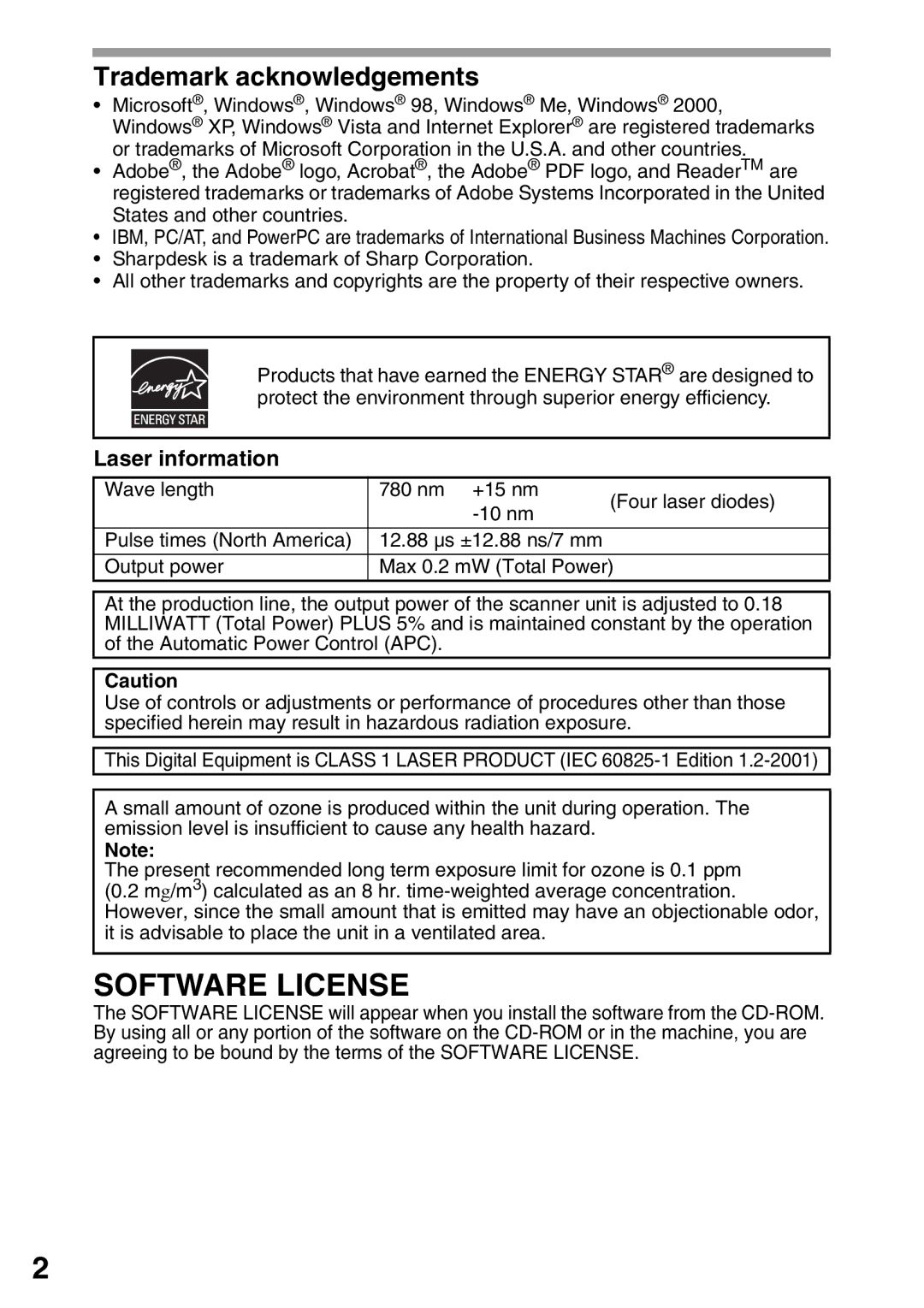 Sharp AL-2040, AL-2020 operation manual Software License, Trademark acknowledgements, Laser information 