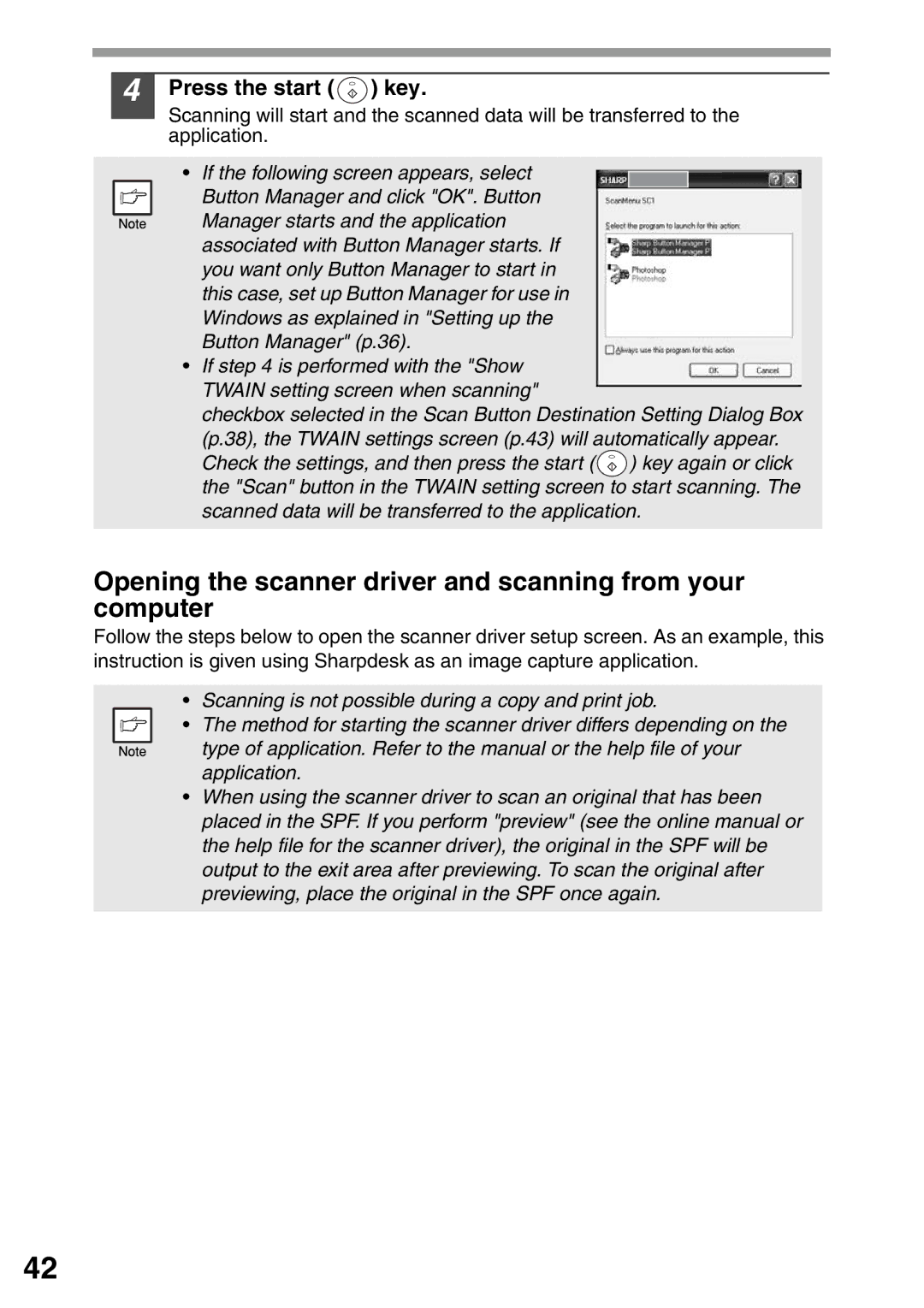 Sharp AL-2040, AL-2020 operation manual Opening the scanner driver and scanning from your computer, Press the start Key 