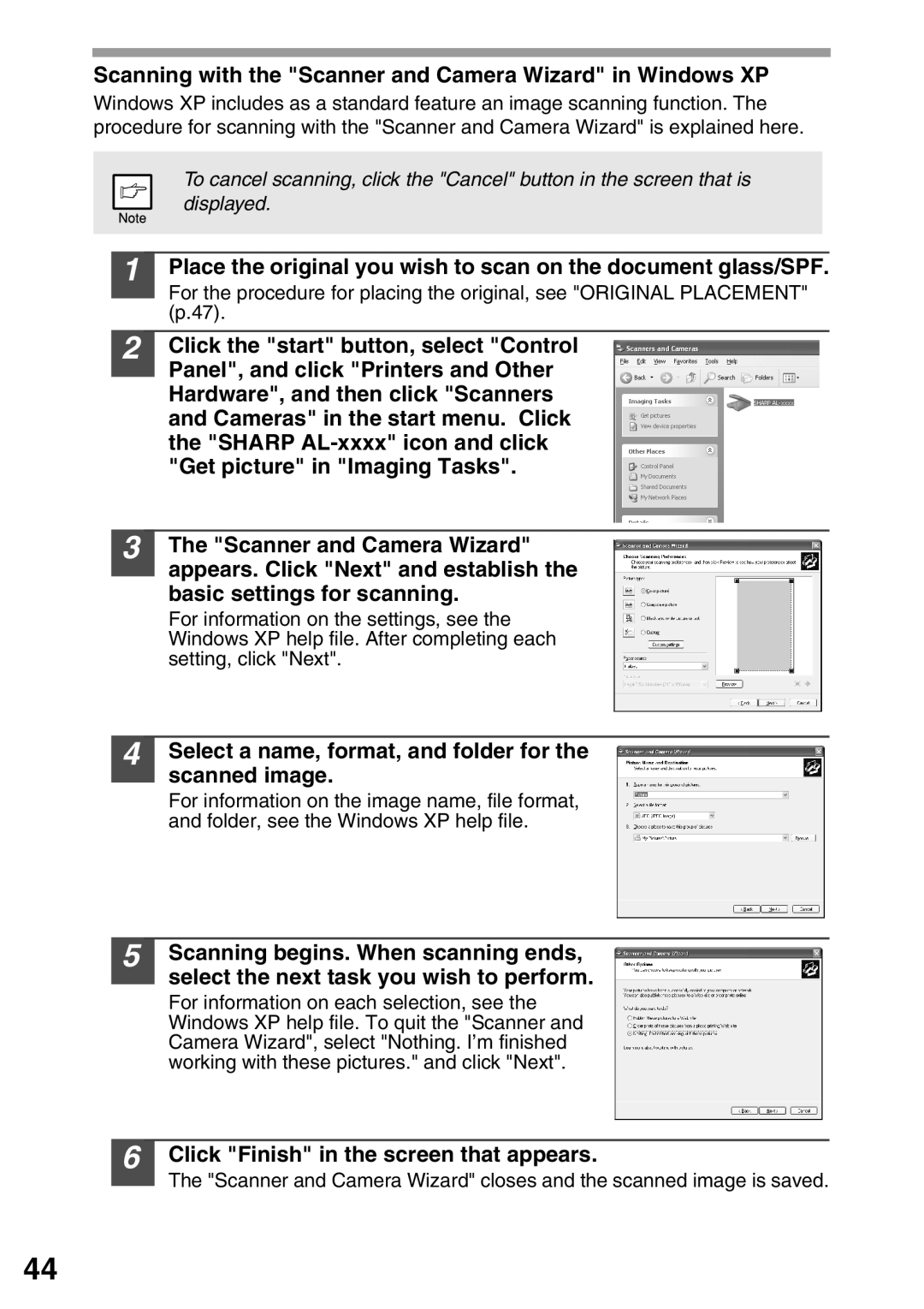 Sharp AL-2040, AL-2020 Scanning with the Scanner and Camera Wizard in Windows XP, Click Finish in the screen that appears 