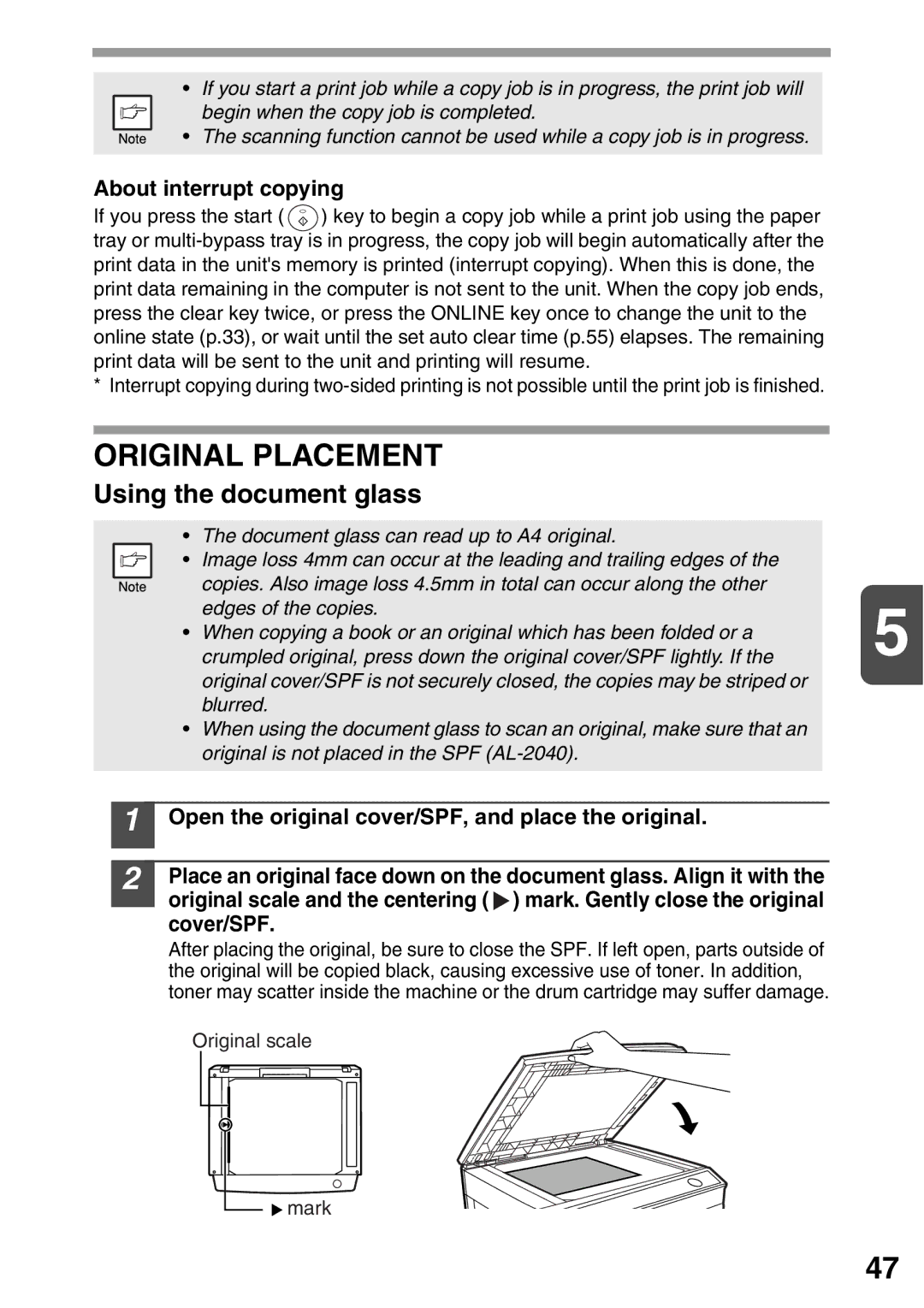 Sharp AL-2020, AL-2040 operation manual Original Placement, Using the document glass, About interrupt copying 