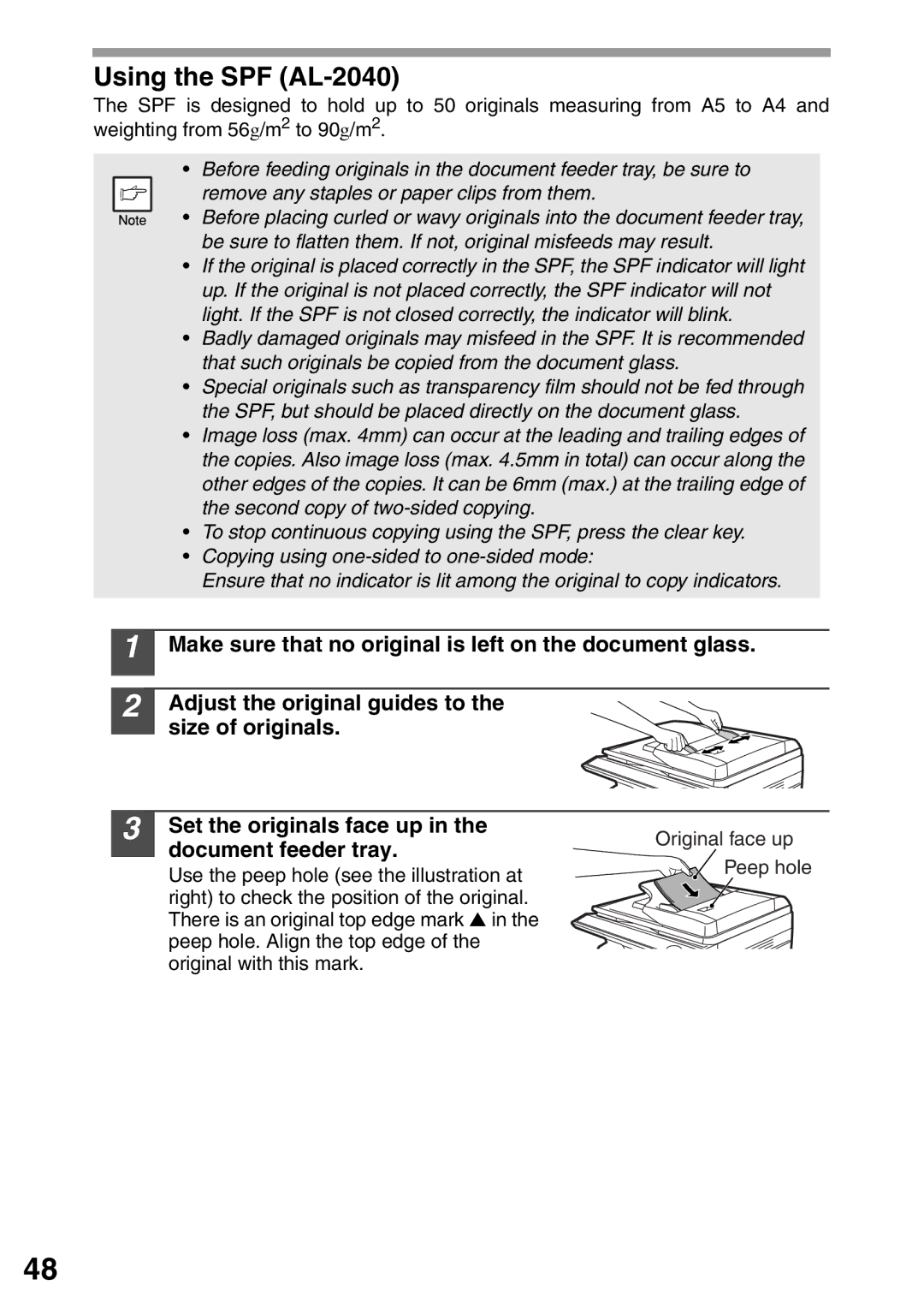 Sharp AL-2020 operation manual Using the SPF AL-2040, Document feeder tray 