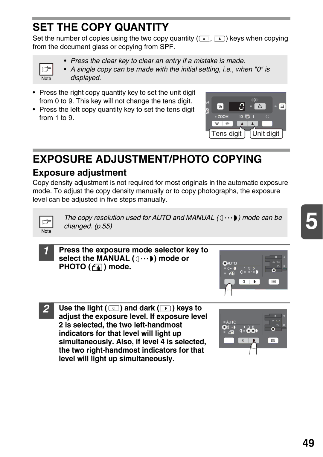 Sharp AL-2020, AL-2040 SET the Copy Quantity, Exposure ADJUSTMENT/PHOTO Copying, Exposure adjustment, Photo mode 