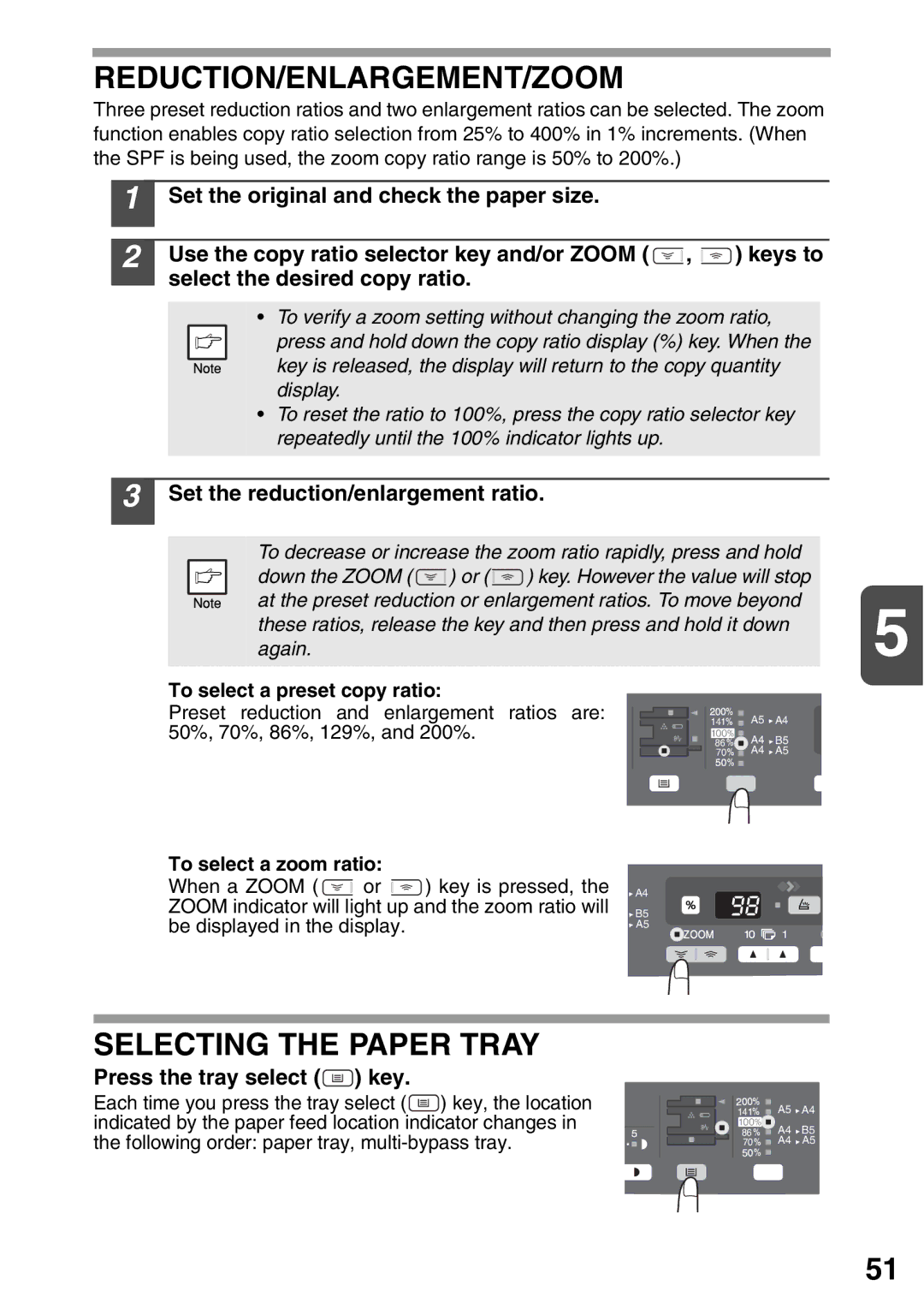 Sharp AL-2020, AL-2040 Reduction/Enlargement/Zoom, Selecting the Paper Tray, Set the reduction/enlargement ratio 