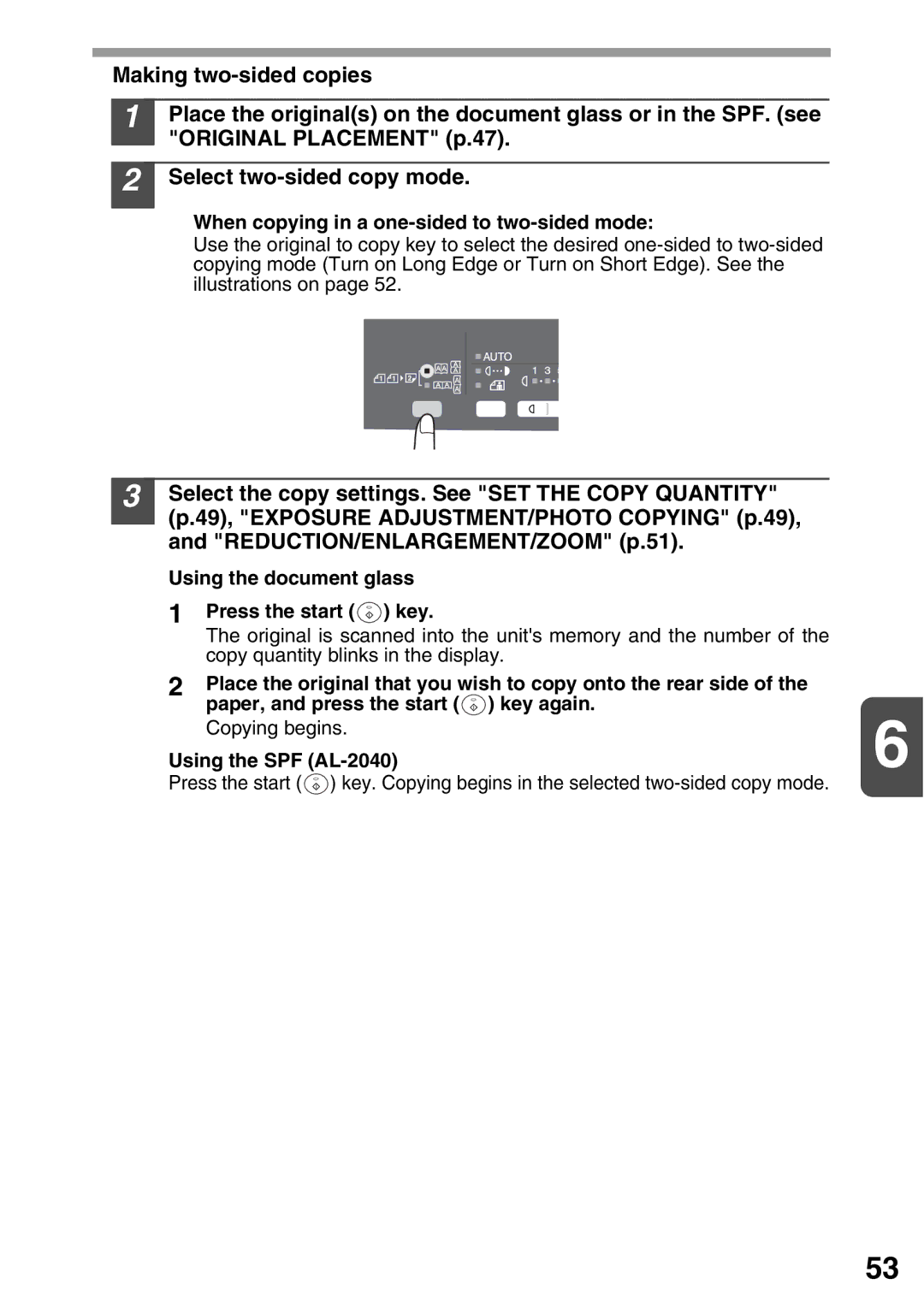 Sharp AL-2020, AL-2040 When copying in a one-sided to two-sided mode, Using the document glass Press the start key 