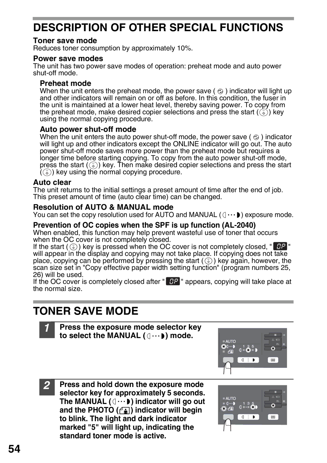 Sharp AL-2040, AL-2020 operation manual Description of Other Special Functions, Toner Save Mode 