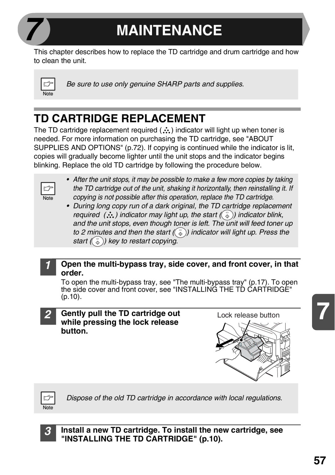 Sharp AL-2020, AL-2040 TD Cartridge Replacement, Gently pull the TD cartridge out, While pressing the lock release Button 