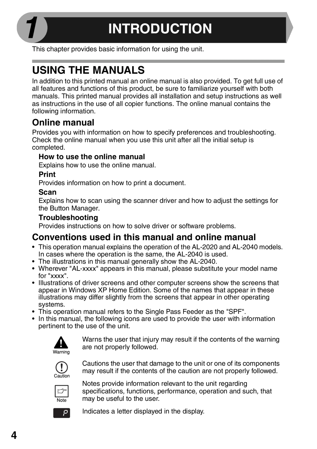 Sharp AL-2040, AL-2020 operation manual Using the Manuals, Online manual, Conventions used in this manual and online manual 