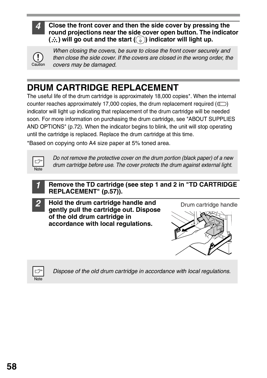 Sharp AL-2040, AL-2020 operation manual Drum Cartridge Replacement, Gently pull the cartridge out. Dispose 