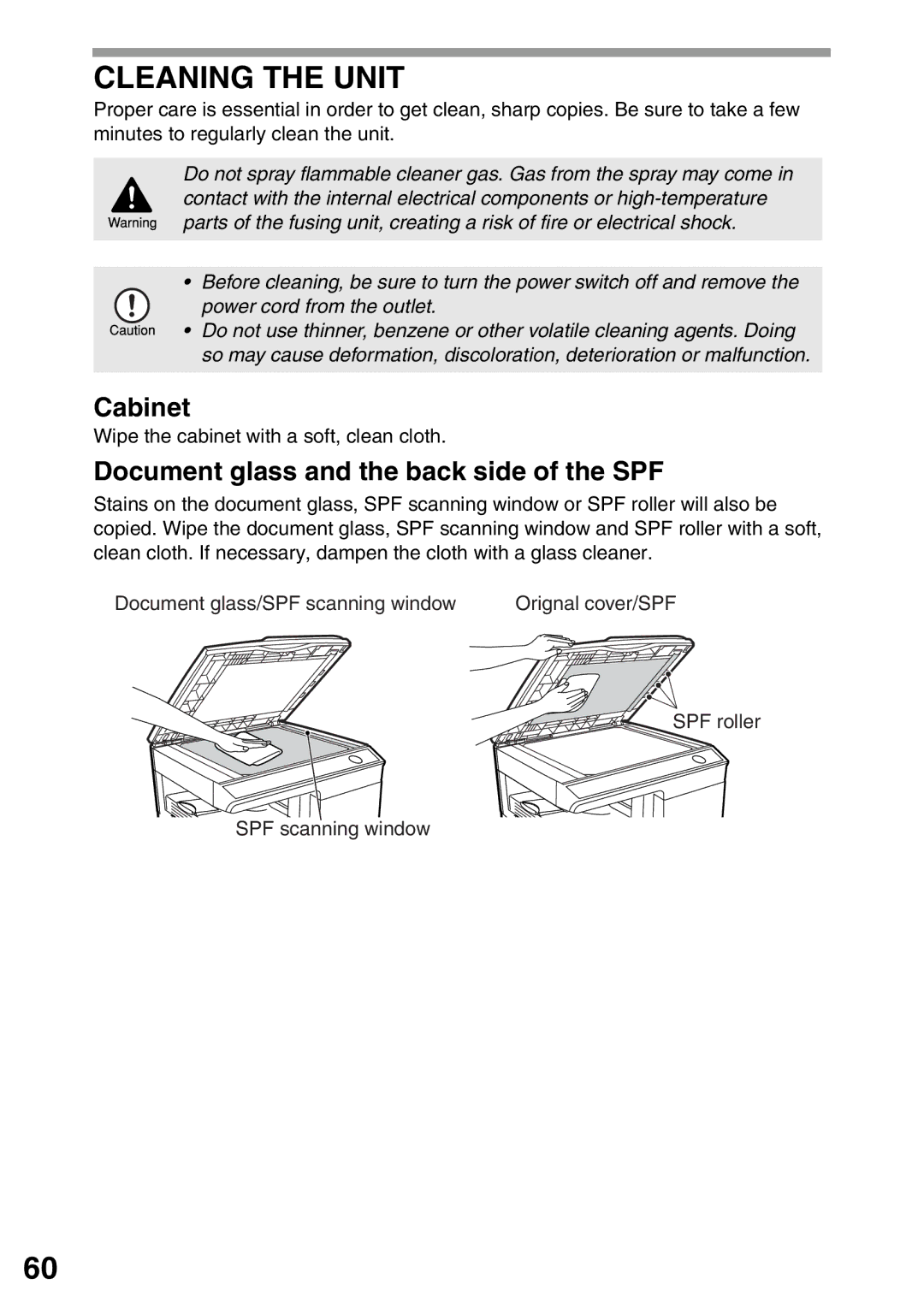 Sharp AL-2040, AL-2020 operation manual Cleaning the Unit, Cabinet, Document glass and the back side of the SPF 