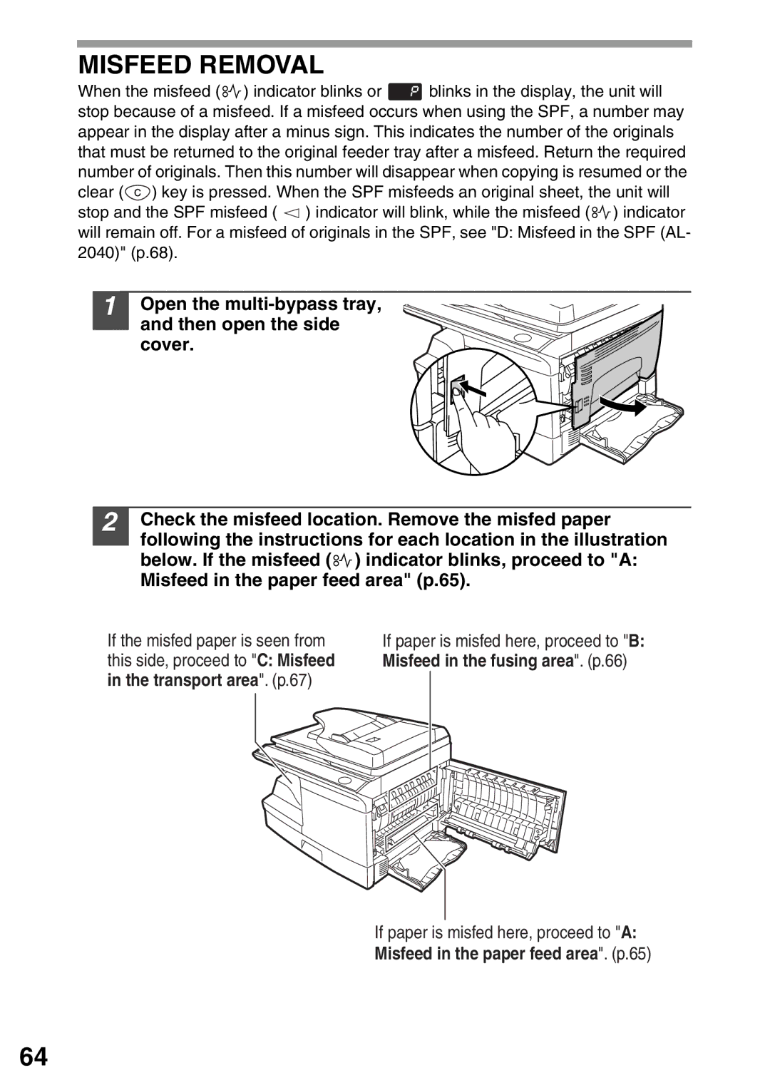 Sharp AL-2040, AL-2020 operation manual Misfeed Removal 