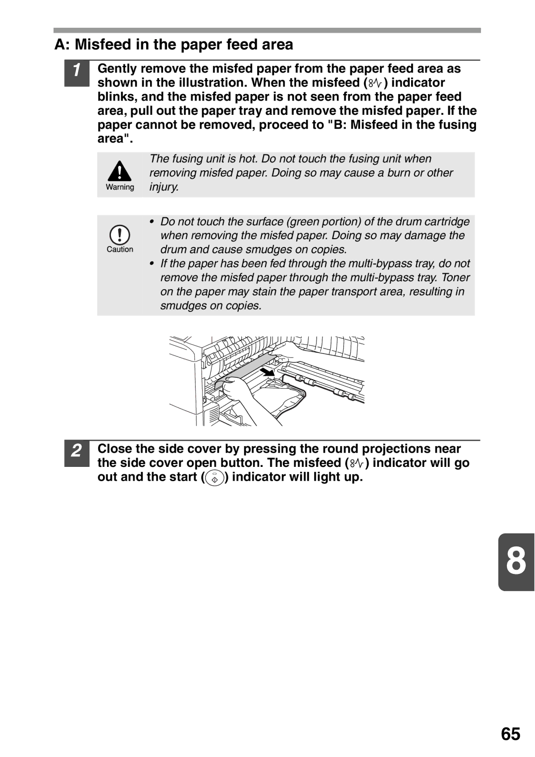 Sharp AL-2020, AL-2040 operation manual Misfeed in the paper feed area 