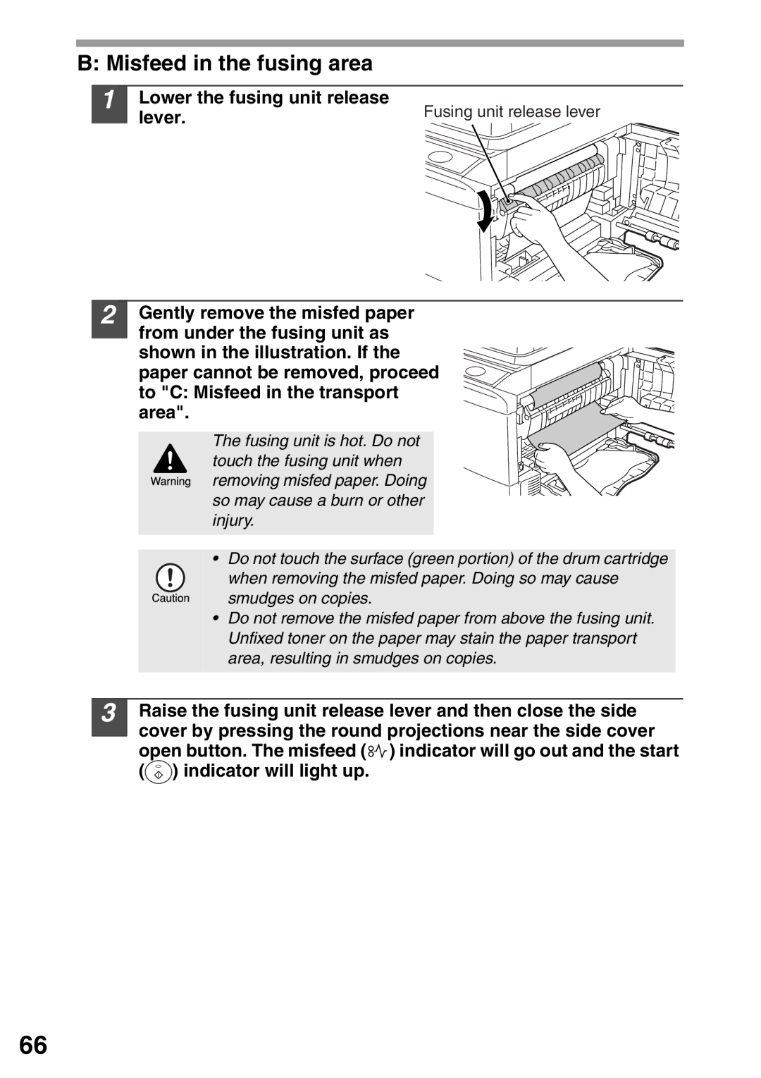 Sharp AL-2040, AL-2020 operation manual Misfeed in the fusing area, Lower the fusing unit release, Lever 