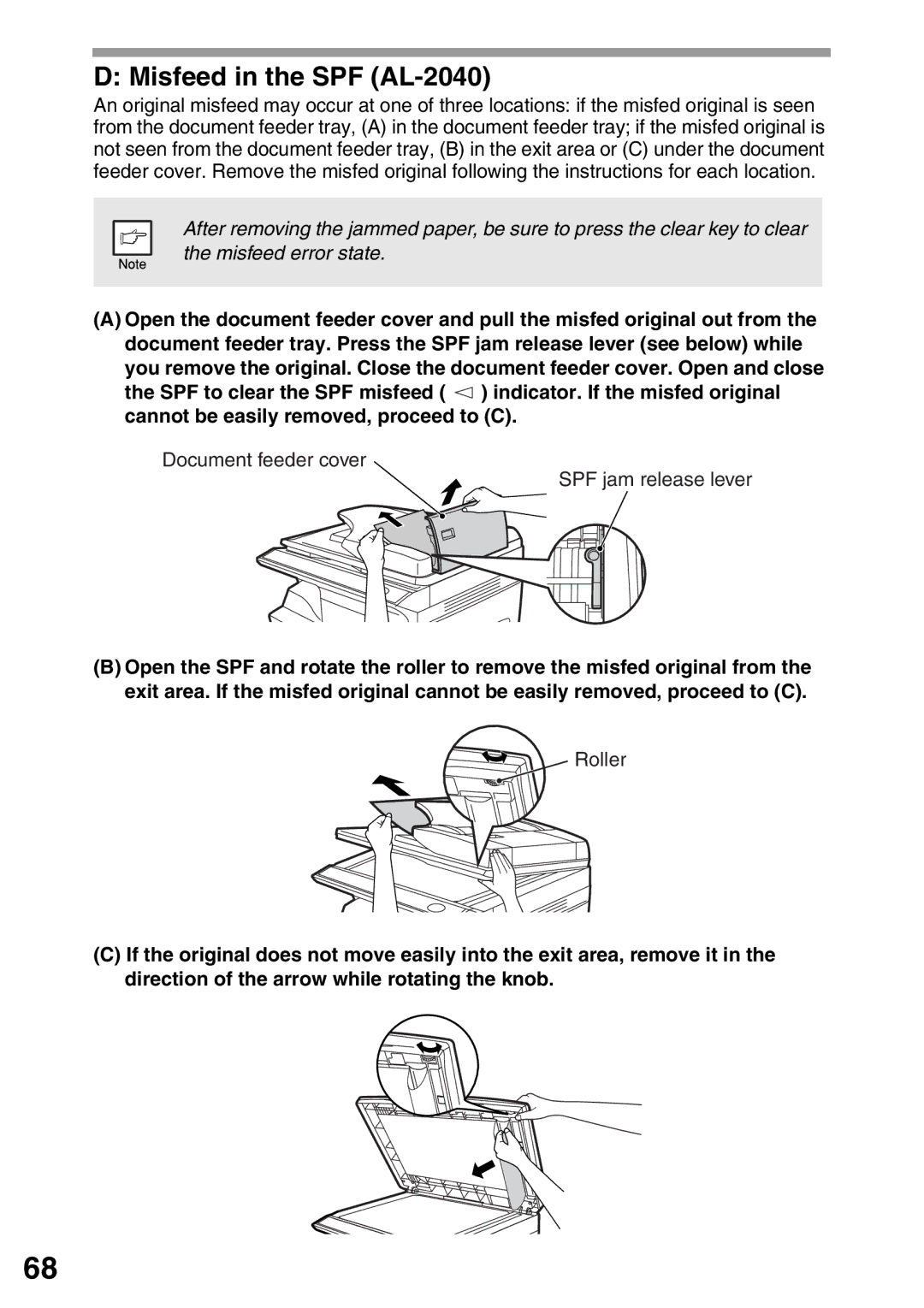 Sharp AL-2020 operation manual Misfeed in the SPF AL-2040 