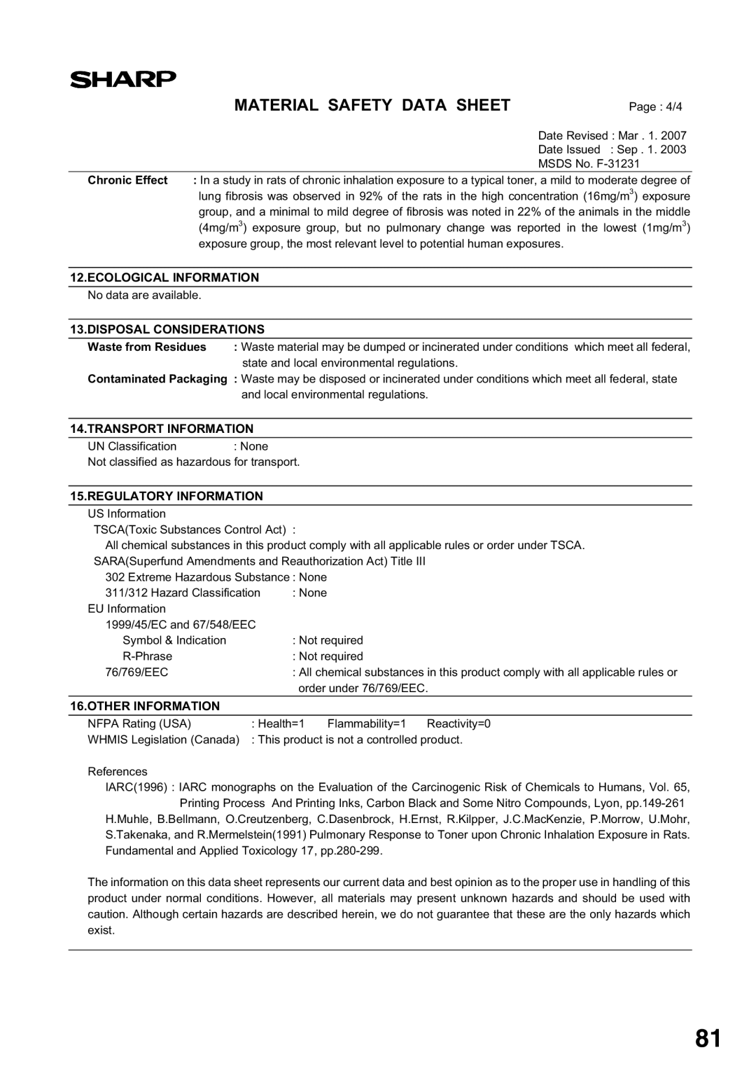 Sharp AL-2020, AL-2040 operation manual Date Revised Mar Date Issued Sep Msds No. F-31231 