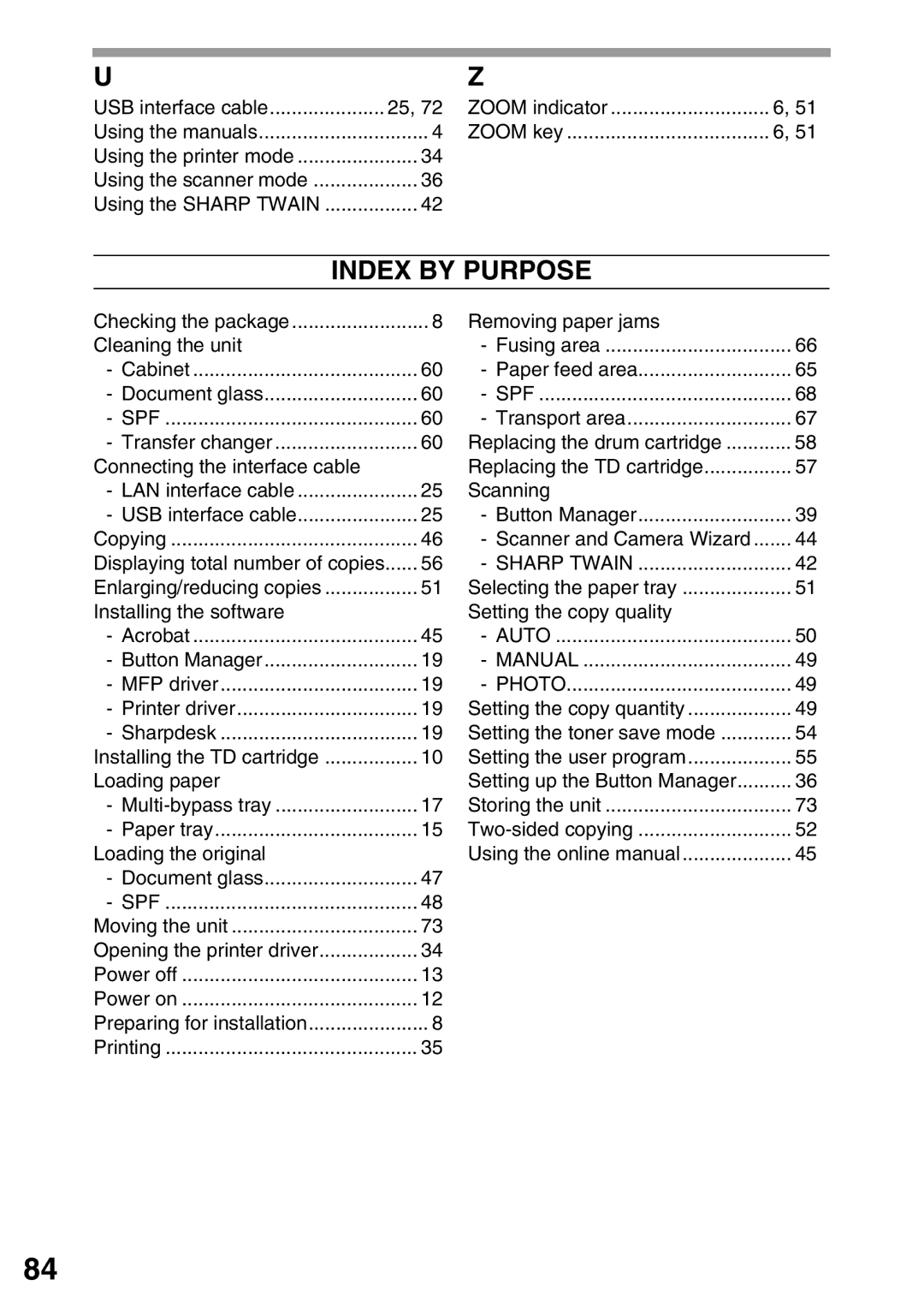 Sharp AL-2040, AL-2020 operation manual Index by Purpose 