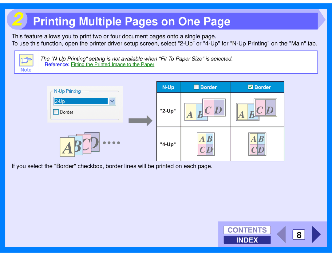 Sharp AL-2040, AL-2020 manual Printing Multiple Pages on One, Contents 8 Index 