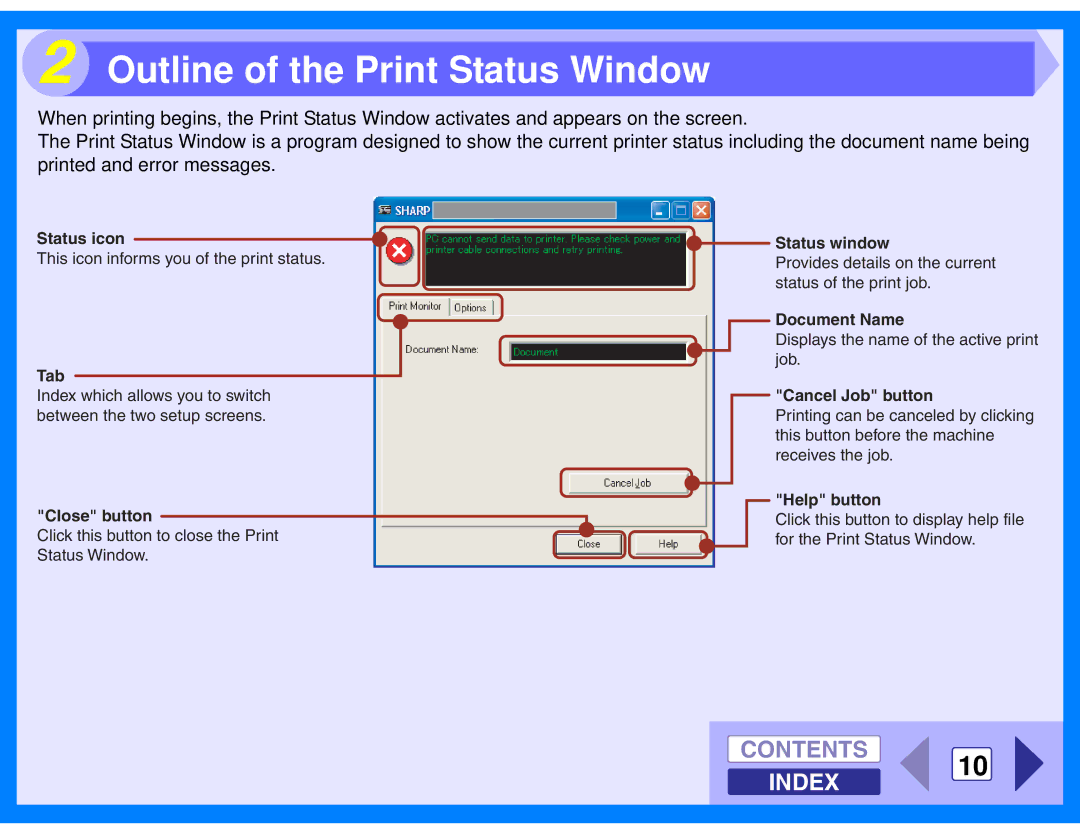 Sharp AL-2040, AL-2020 manual Outline of the Print Status Window, Contents 10 Index 