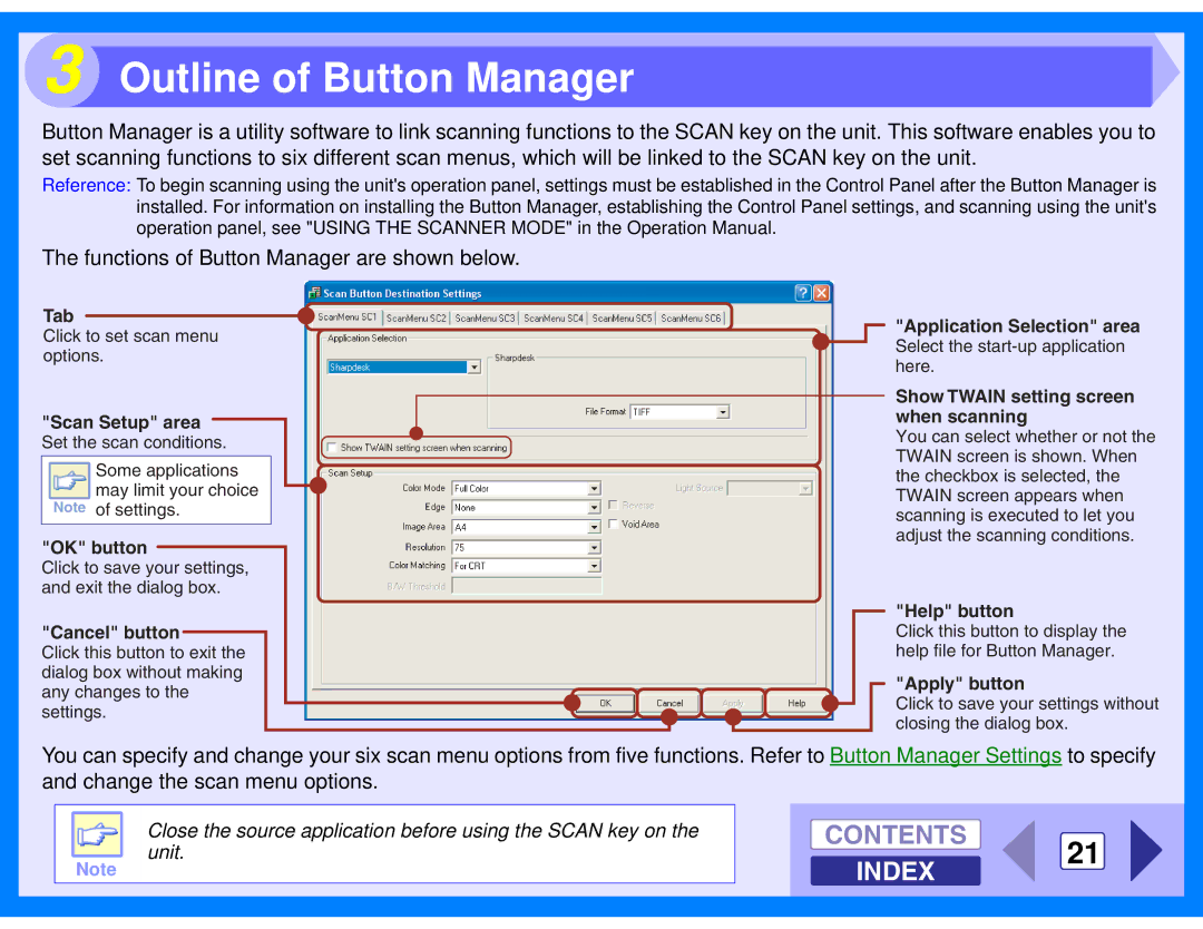 Sharp AL-2020, AL-2040 manual Outline of Button Manager, Contents 21 Index 