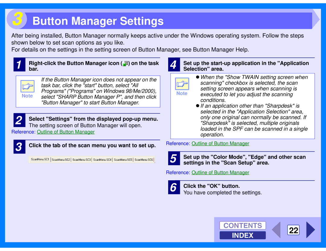 Sharp AL-2040, AL-2020 manual Button Manager Settings, Contents 22 Index 