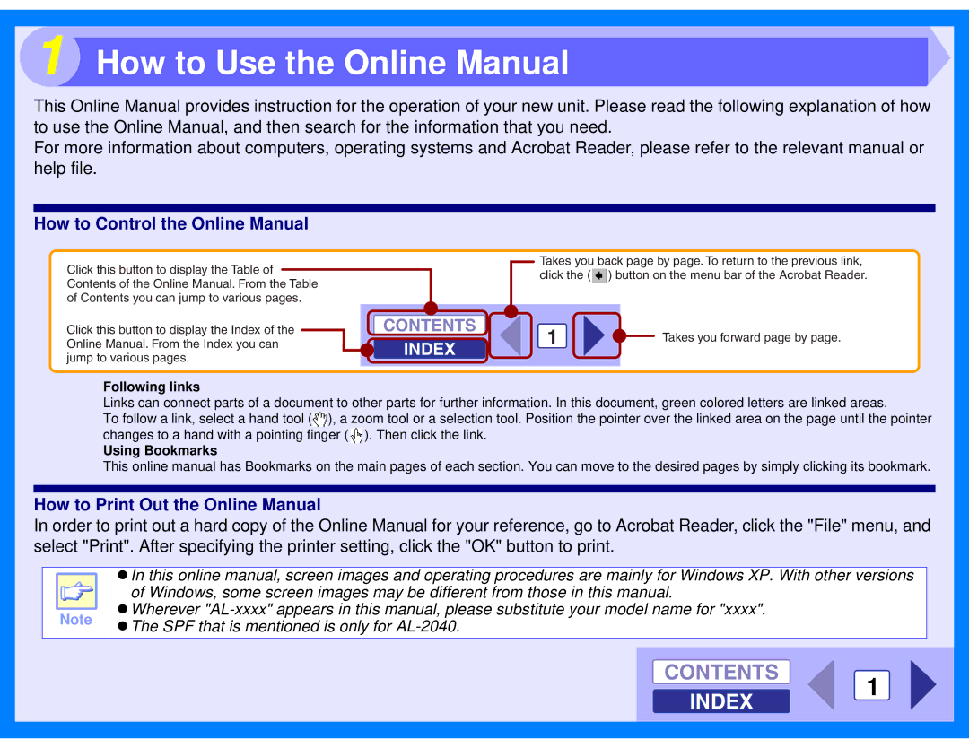 Sharp AL-2020, AL-2040 manual How to Use the Online Manual, Contents 1 Index, How to Control the Online Manual 