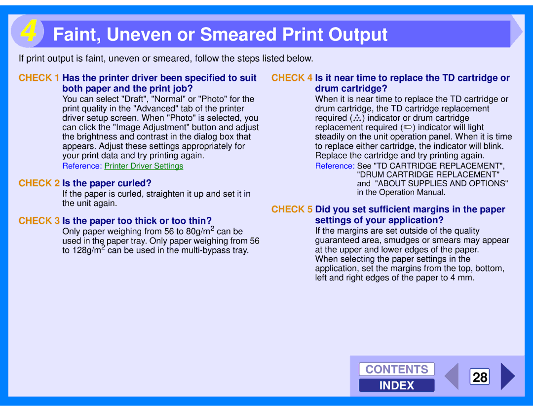 Sharp AL-2040, AL-2020 manual Faint, Uneven or Smeared Print Output, Contents 28 Index 