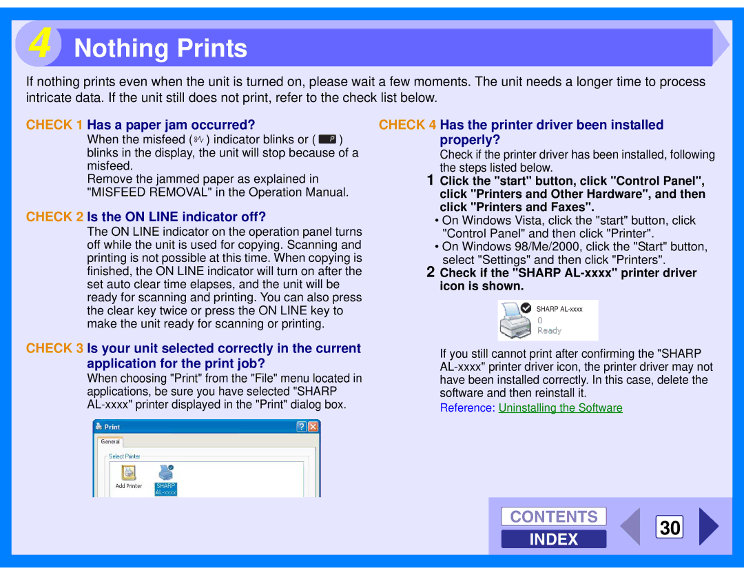 Sharp AL-2040 Nothing Prints, Contents 30 Index, Check 1 Has a paper jam occurred?, Check 2 Is the on Line indicator off? 