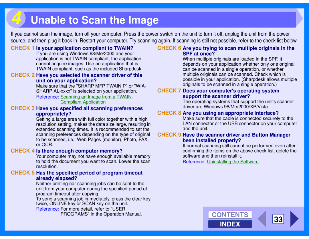Sharp AL-2020, AL-2040 manual Unable to Scan the Image, Contents 33 Index 