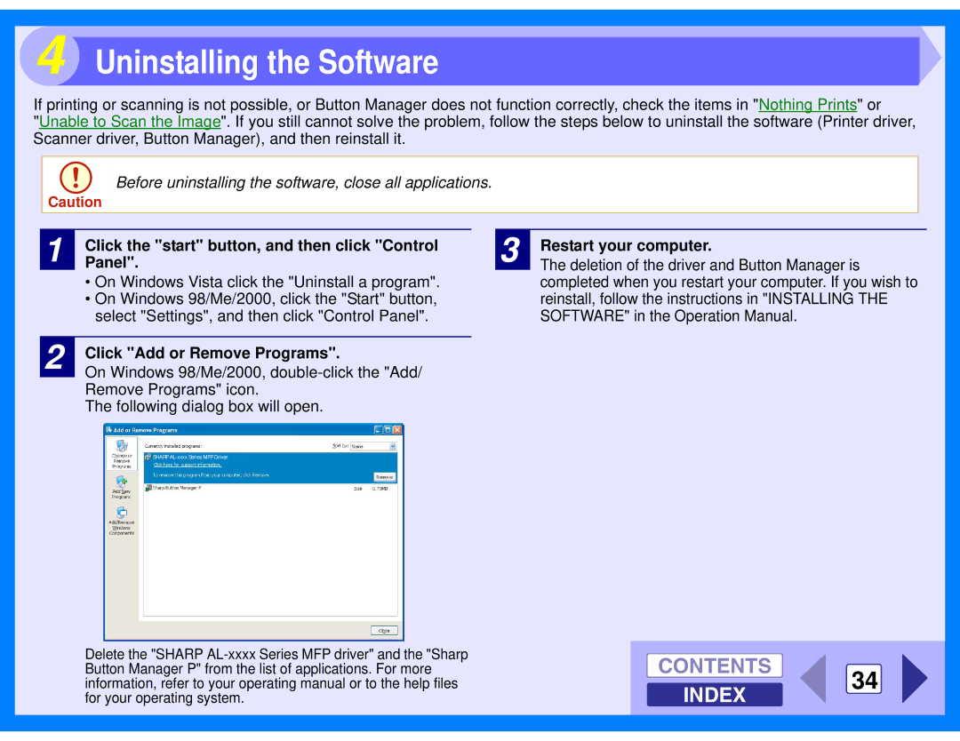 Sharp AL-2040, AL-2020 manual Contents 34 Index, Click Add or Remove Programs, Restart your computer 
