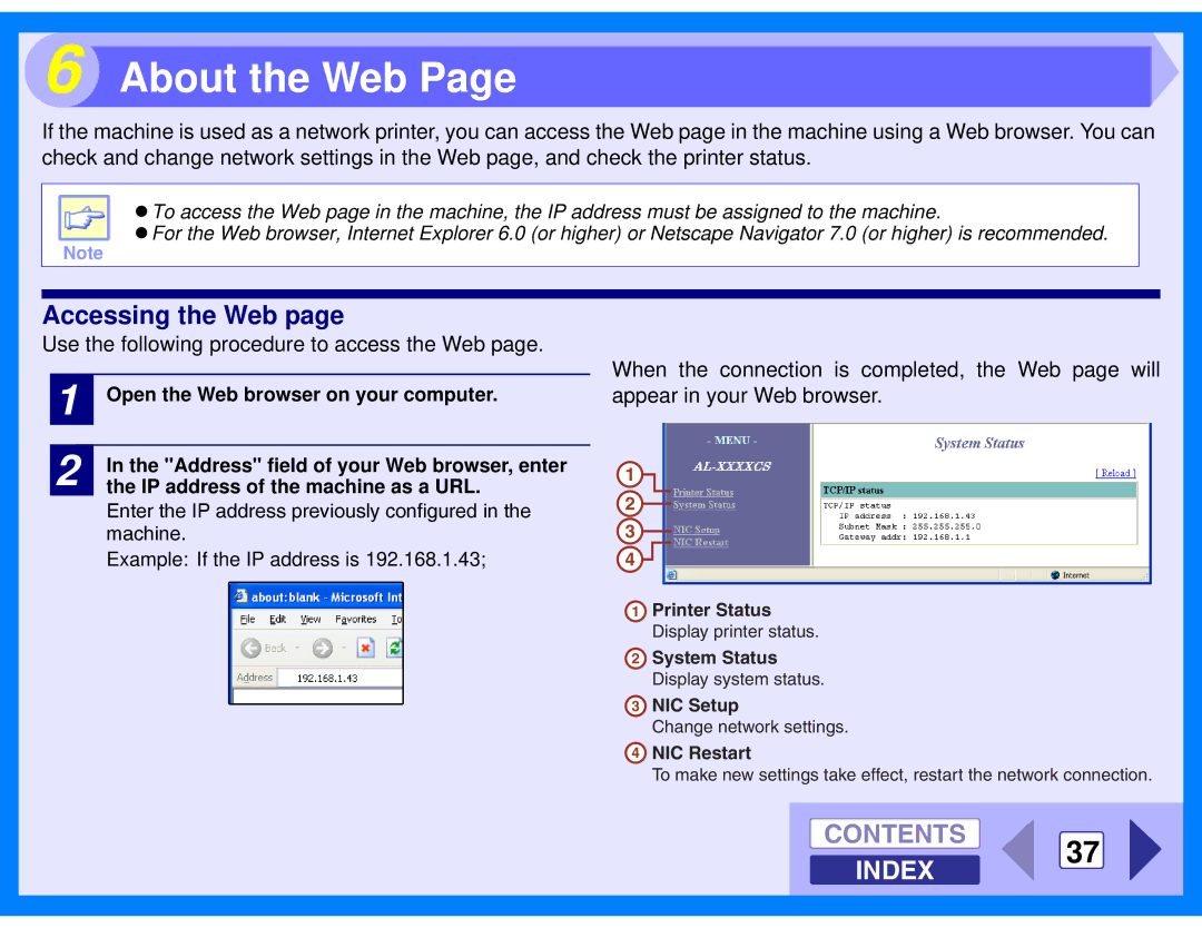 Sharp AL-2020 About the Web, Contents 37 Index, Open the Web browser on your computer, IP address of the machine as a URL 