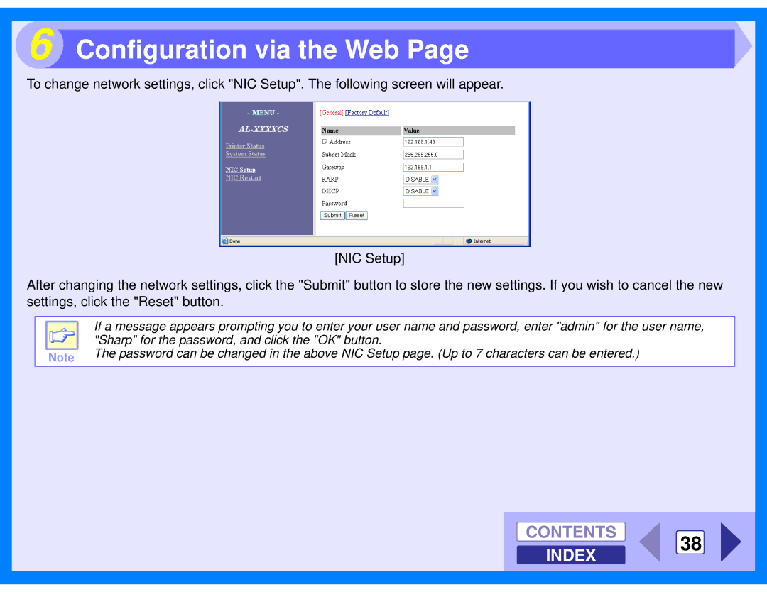 Sharp AL-2040, AL-2020 manual Configuration via the Web, Contents 38 Index 